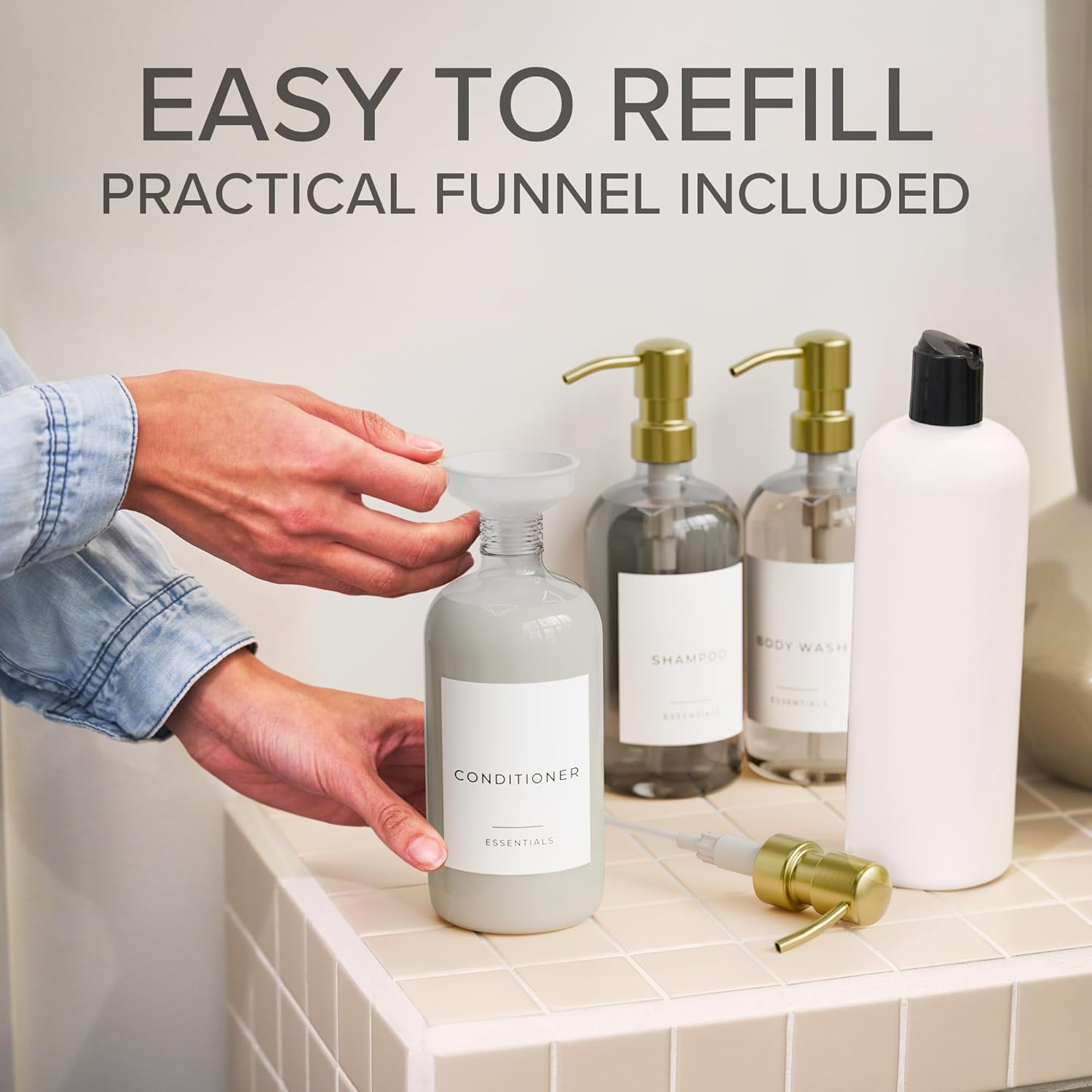 Stylish Shampoo and Conditioner Dispenser Set of 3 - Modern 21oz Shower Soap Bottles with Pump and Labels - Easy to Refill Body Wash Dispensers for an Instant Bathroom Decor Upgrade Clear - Image 5