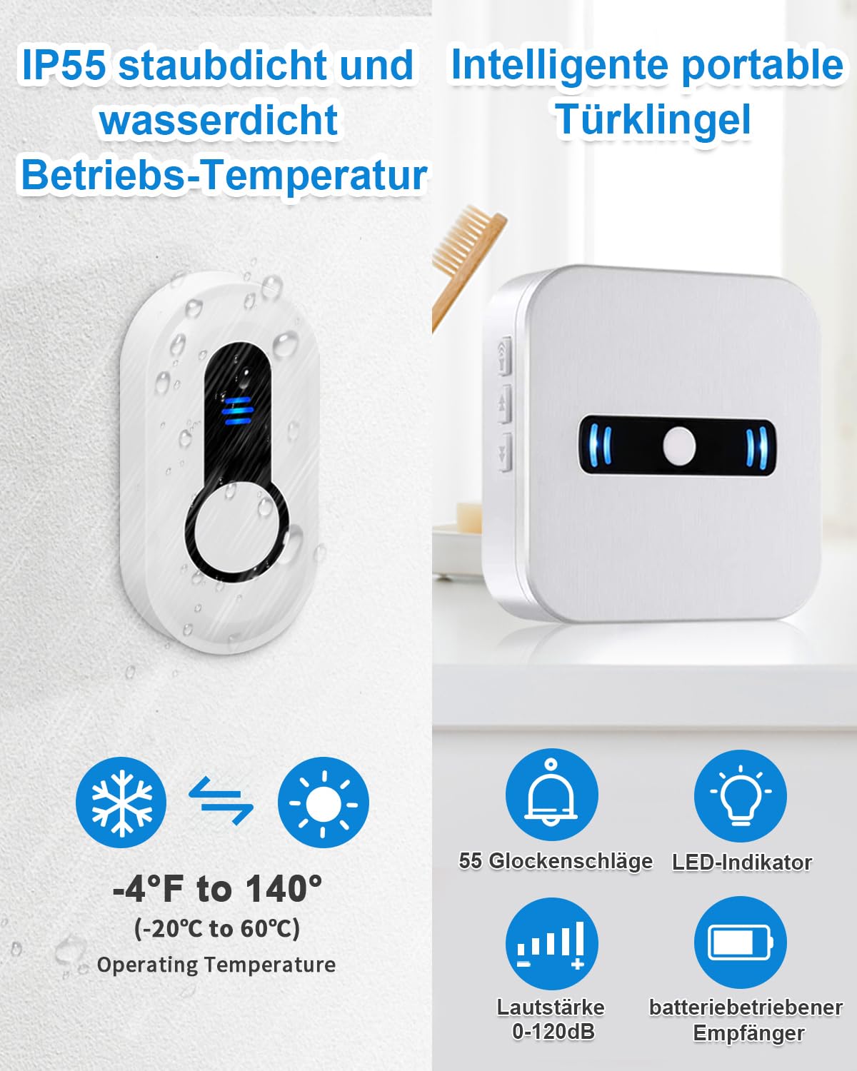 SanJie Sonnette sans fil, Sonnette sans fil fonctionnant sur piles, Sonnette sans fil étanche IP55 pour l'extérieur, Sonnette de porte avec 55 mélodies sur 5 niveaux de volume, Sonnette sans fil 1