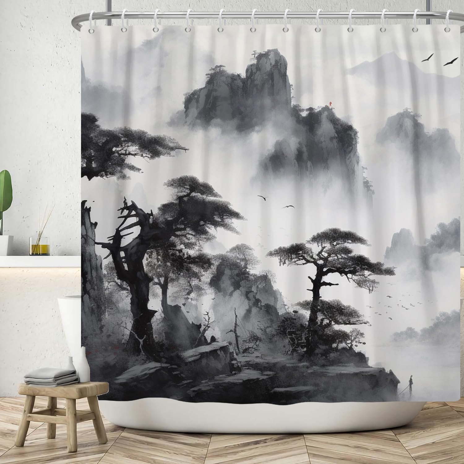 SDOTPMT 150x180cm Asian Scenic Shower Curtain Misty Mountain and Pine Tree Ink Painting Bath Curtain Japanese Landscape Abstract Artwork Bathtub Curtain for Kids Bathroom Decor Polyester with Hooks
