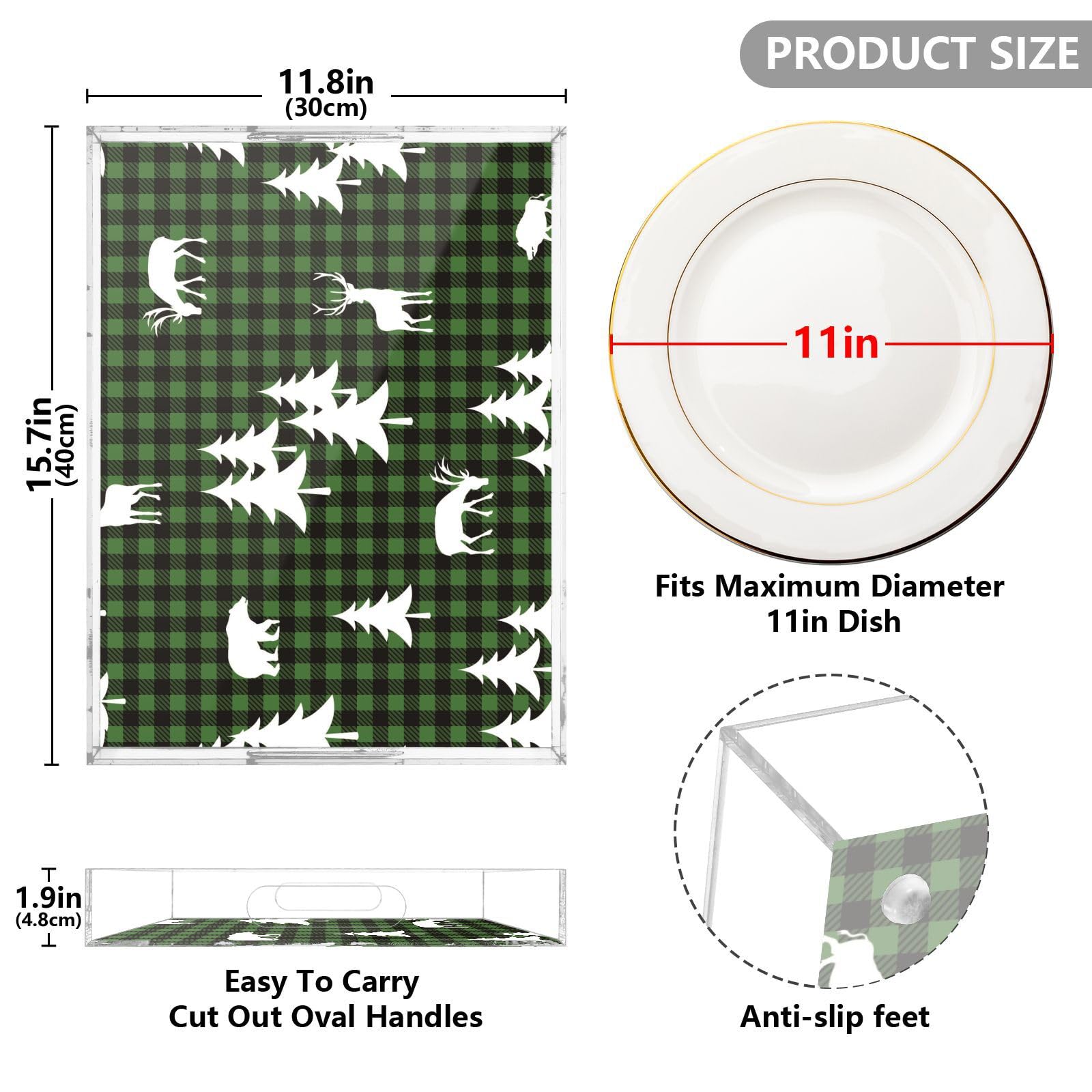 Bandejas transparentes de búfalo con patrón personalizado de árboles con asas, bandeja decorativa transparente de 12 x 16 pulgadas, bandejas transparentes para servir a prueba de derrames