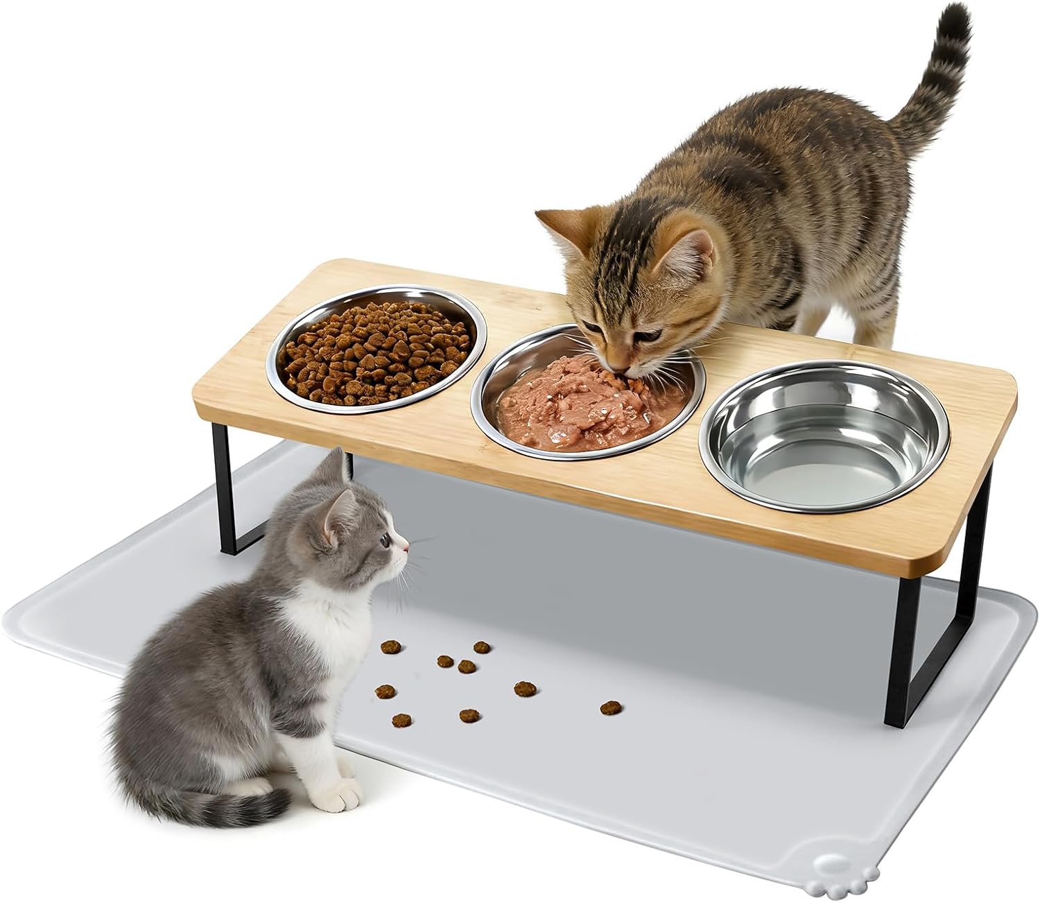 Elevated Cat Bowls, 15°Tilted Raised Cat Food Bowls with Mat, Cat Food and Water 3 Stainless Steel Bowl Set for Indoor, Anti-Vomiting, Whisker Fatigue.
