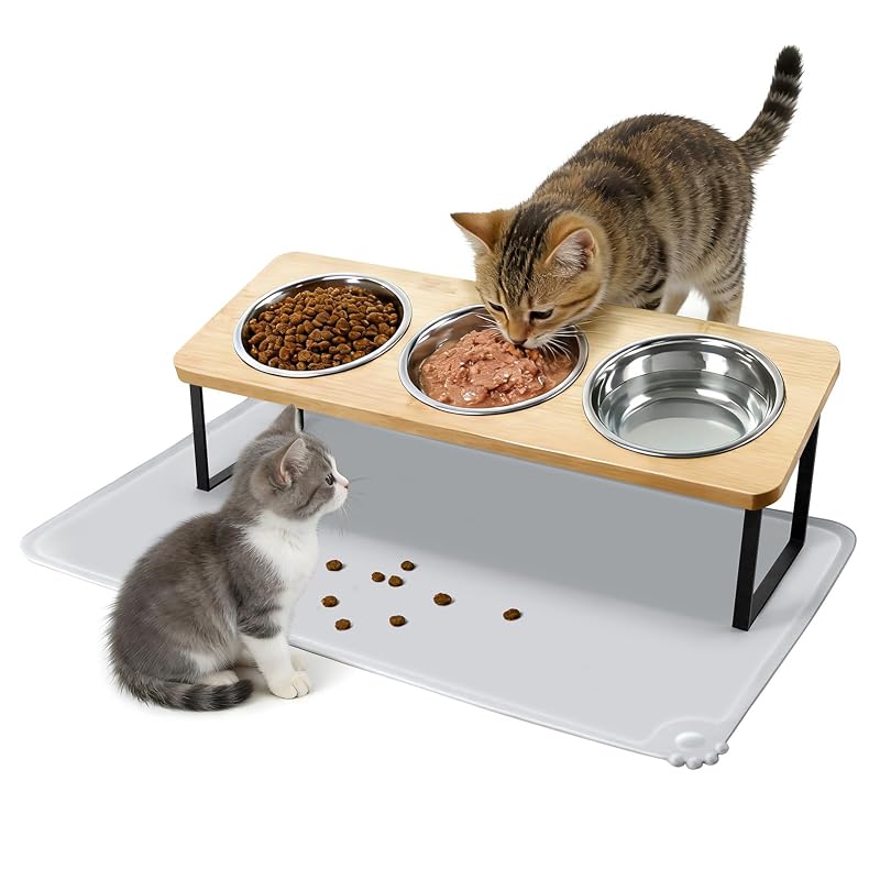 Potes elevados para gatos com inclinação de 15°, 3 tigelas de aço inoxidável e tapete de silicone zfzyyxgs – 3 tigelas