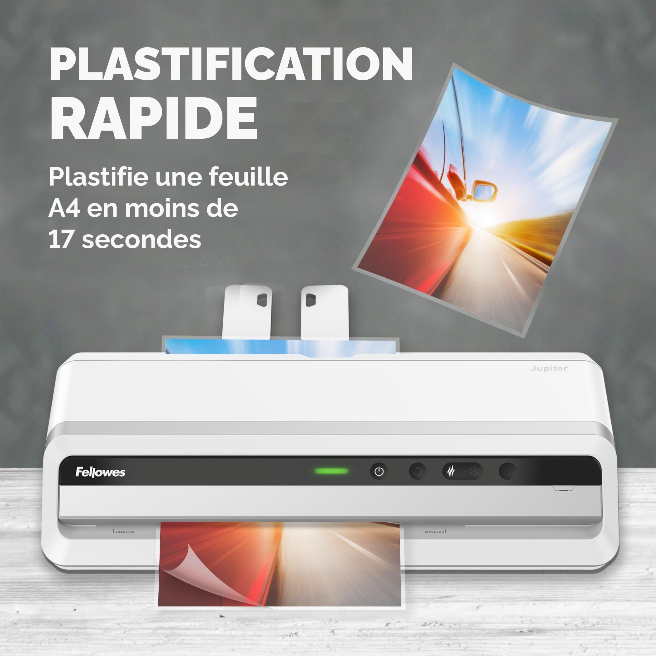Fellowes Plastifieuse Jupiter A3, pour plastifier à chaud des pochettes de 80 à 250 microns, usage intensif, marche arrière automatique, comprend 10 pochettes de plastification, blanc | Plastification à chaud 80-250 microns, Usage intensif, Marche arrière