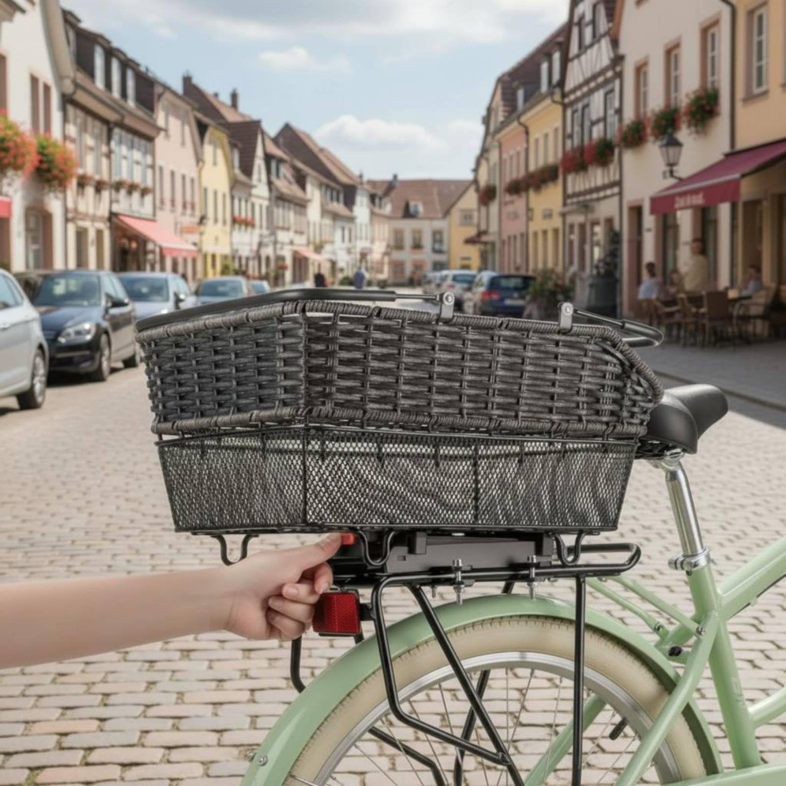 perfk Cestino Posteriore Bicicletta Struttura Ferrosa Fondo Reticolato Rattan Plastico d'Imitazione Liner Impermeabile Protettivo Rilascio Rapido per Professionisti Trasporto Oggetti