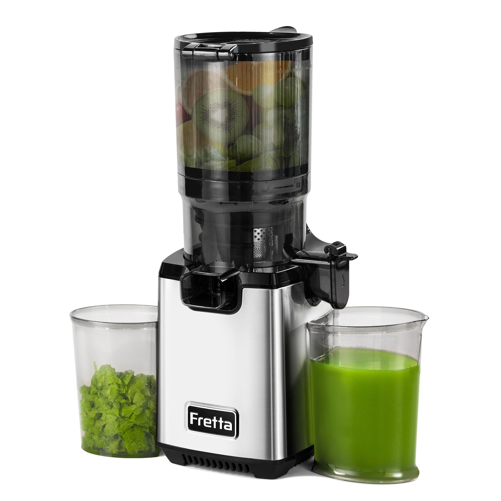 Fretta スロージューサー 13cm広い投入口 1.8L大容量 細かくカット不要 一度投入 取り付け簡単 コールドプレスジューサー BPAフリー シルバー