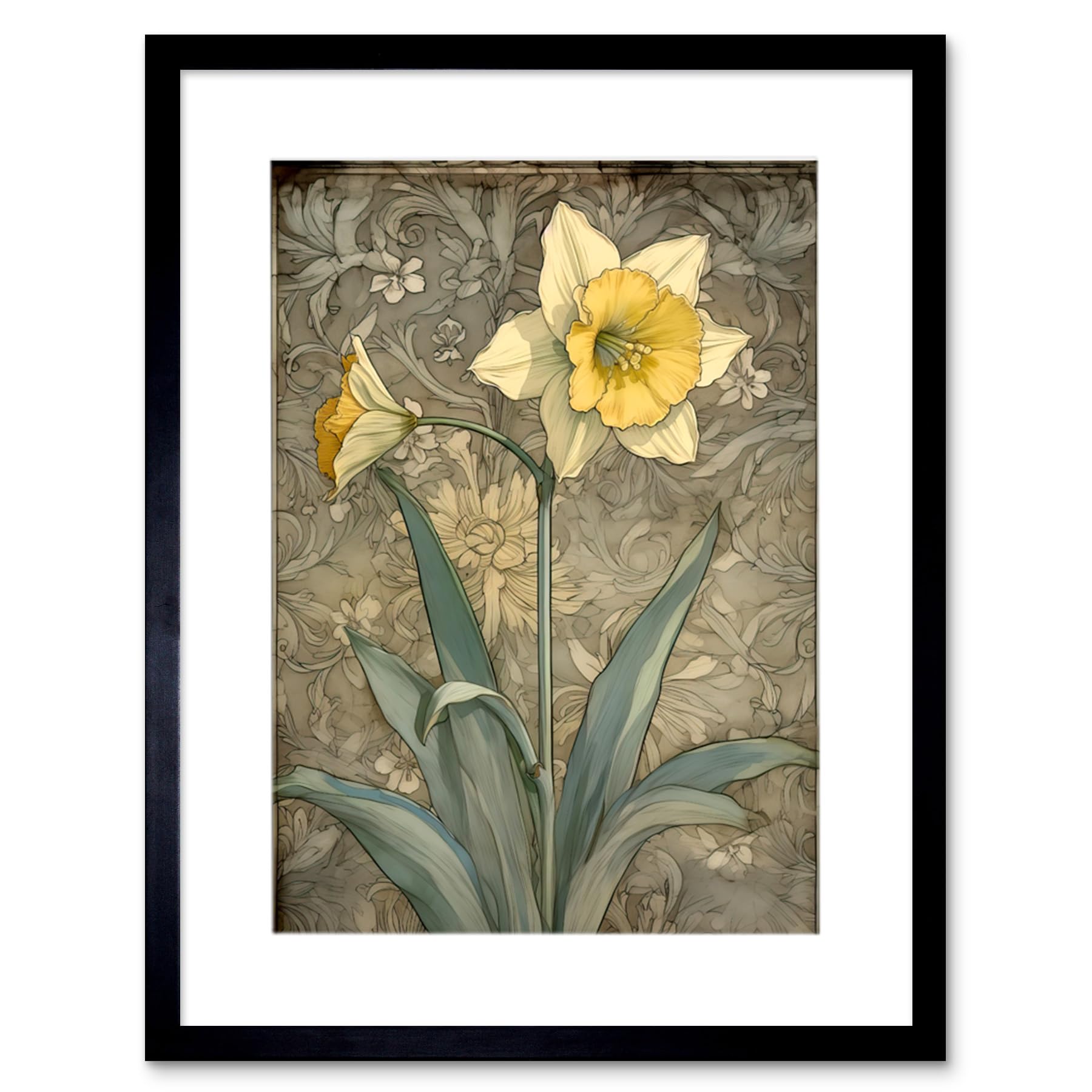 Artery8 Daffodil Flower Pastel Watercolour Art Nouveau Artwork Framed Wall Art Print 12X16 Inch