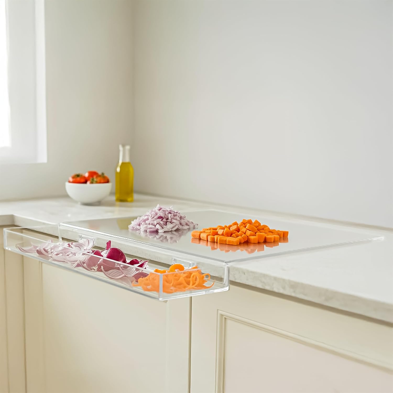 Slice & Toss Acrylic Cutting Board with Counter Lip & Removable Scrap Bin, Clear Kitchen Chopping Board - Large Non-Slip Cutting Boards Essentials for Kitchen, Restaurant & Home (17" x 13.2" x 1.34")