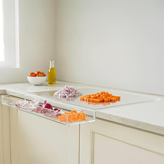Acrylic Cutting Board with Counter Lip & Removable Scrap Bin | Clear Cutting Board for Countertop, Large Non-Slip Kitchen Chopping Board (17" x 13.2") | Slice & Toss