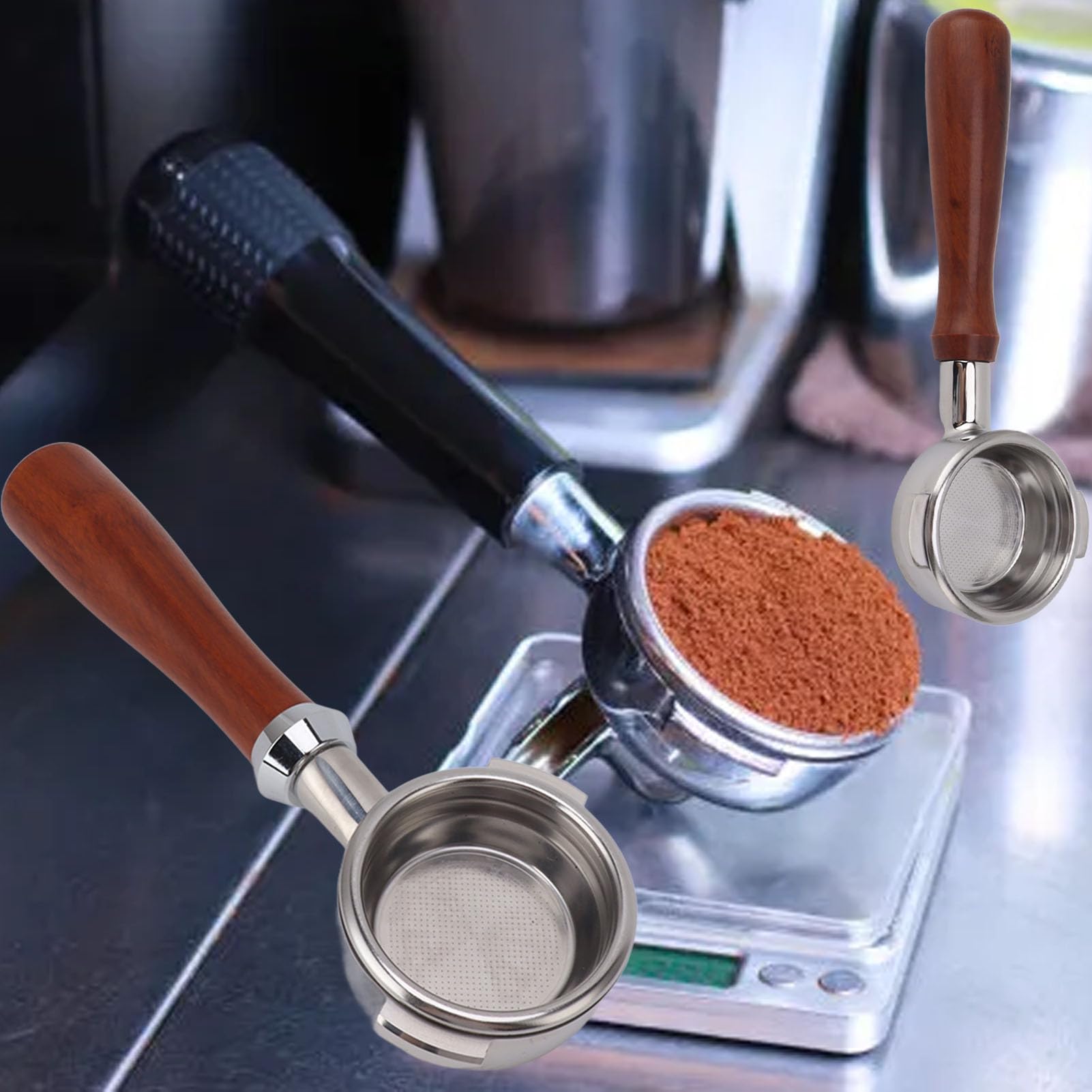 Portafiltro Nudo Senza Fondo per Adatto a Express, Pro, Touch, Infuser e Temp Pro, Prodotti da caffè con Cestello Filtrante in Acciaio Inossidabile e Manico in Legno