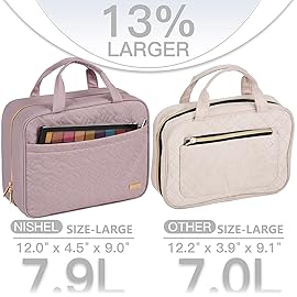 NISHEL Travel Toiletry Bag for women, Portable Hanging Organizer for Full-Sized Shampoo, Conditioner, Brushes Set, Makeup Accessories, Large Size, Peach Pink