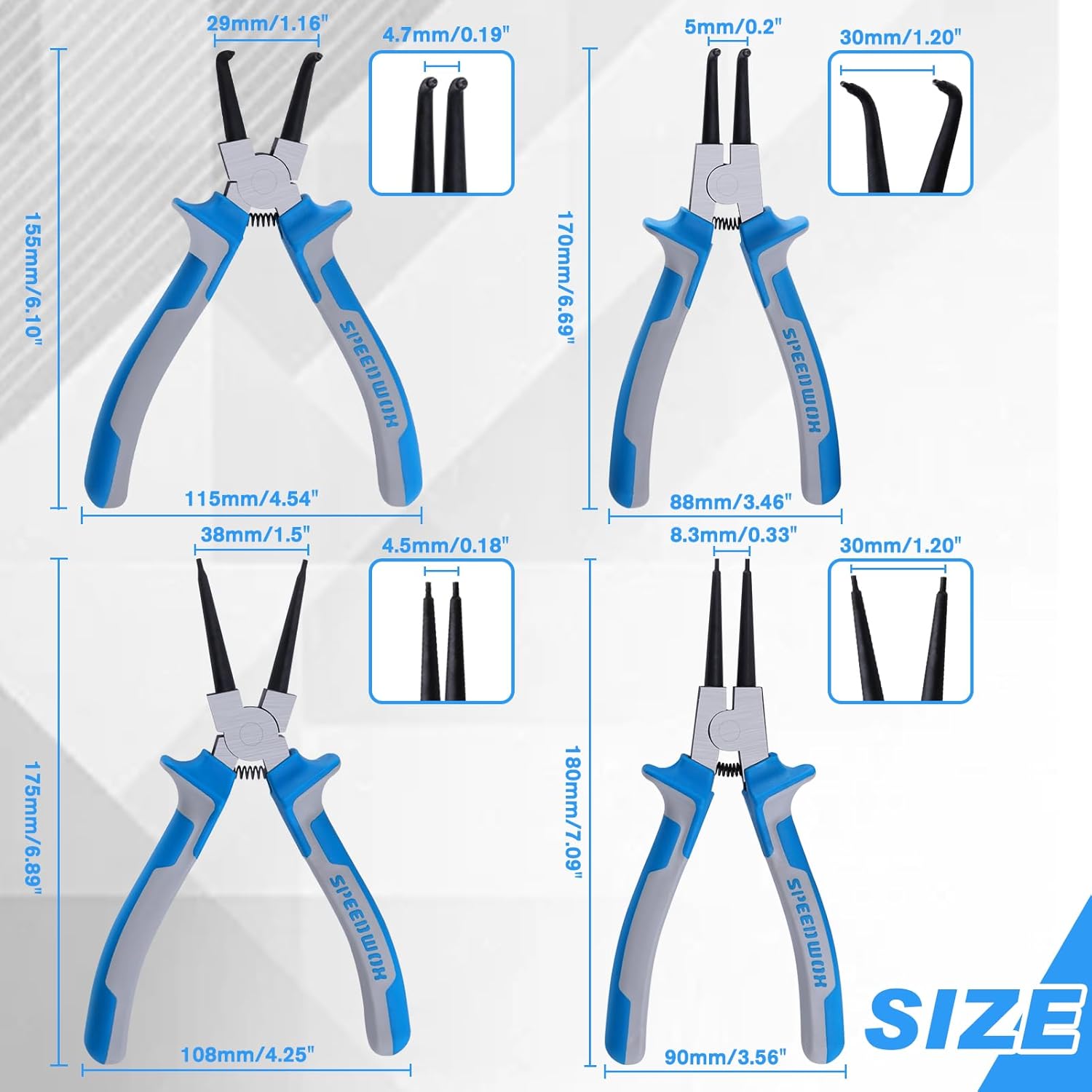 SPEEDWOX 4pcs 7" Snap Ring Pliers Set Circlip Pliers Kit Retaining Ring Pliers Internal/External Circlip Pliers Kit with Straight/Bent Jaw C-clip Pliers for Ring Remover Retaining with Storage Pouch
