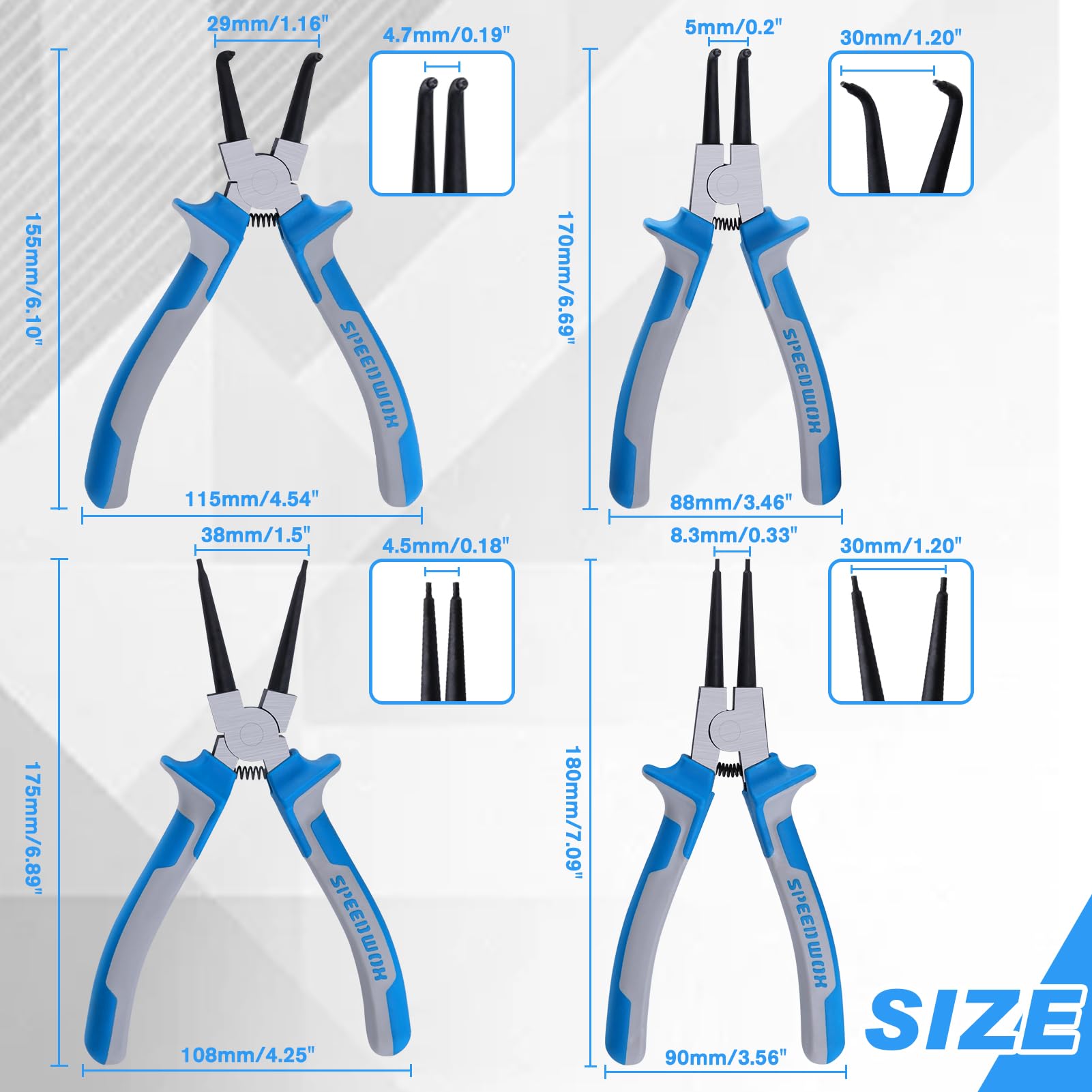 SPEEDWOX Set di 4 pinze per anelli elastici da 17,8 cm, kit di pinze per anelli di tenuta interni/esterni, pinze per anelli di tenuta interni/esterni, con ganascia dritta/piegata, pinze a C per