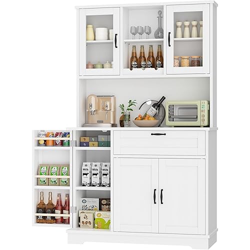 Shintenchi Kitchen Pantry Storage Cabinet, Freestanding Buffet Cabinet with Microwave Stand & 4 Door Shelves, Kitchen Hutch with Doors, Adjustable Shelves and Wine Rack, White