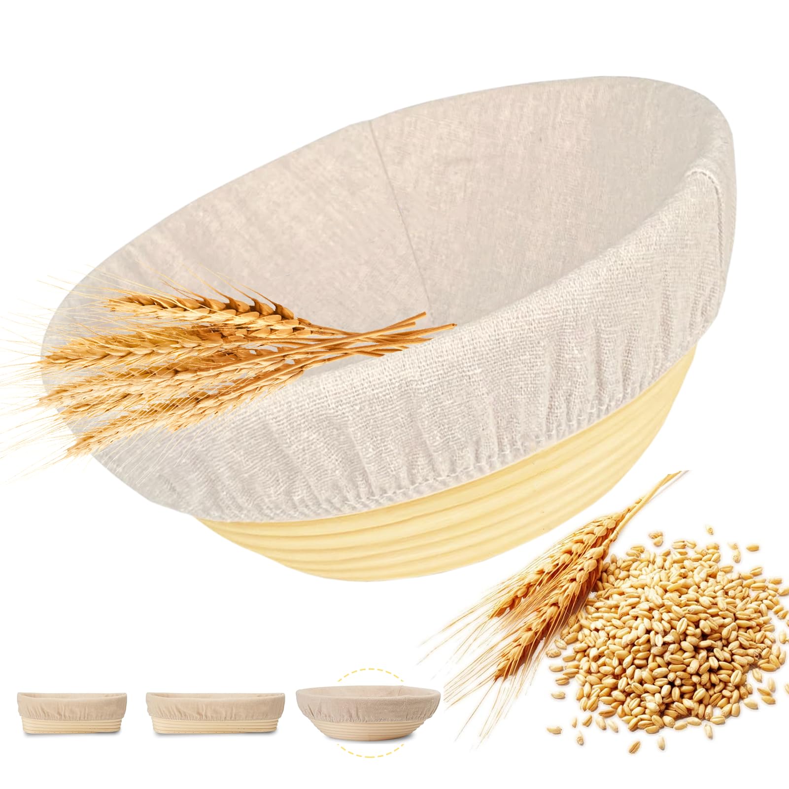 Okrągły kosz do pieczenia chleba, 23 cm, naturalny rattan, kosz na pieczywo z nadającą się do prania wkładką lnianą, dla profesjonalnych i domowych piekarzy, pieczenia chleba