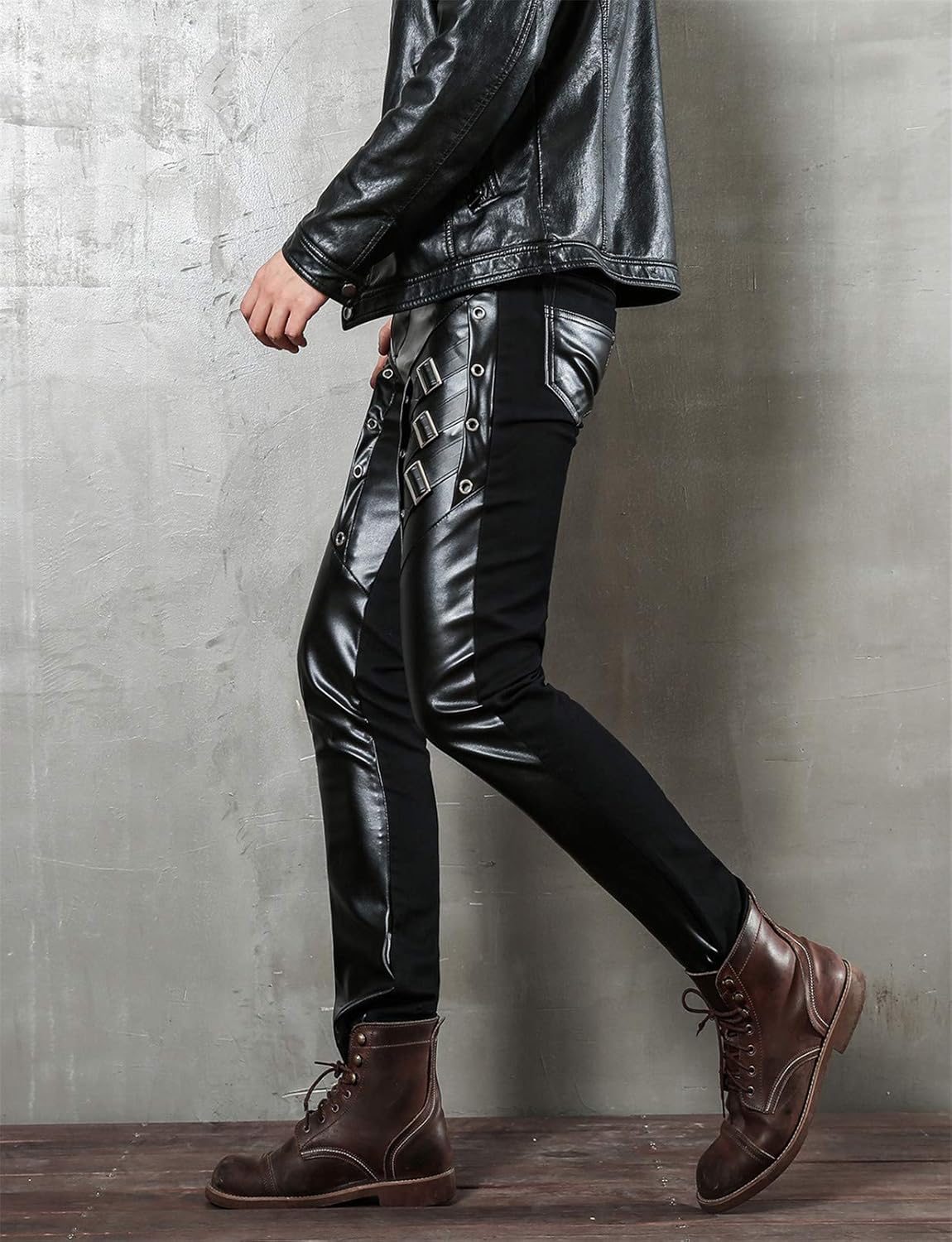 Idopy Men`s Black Party Stage Performance Slim Fit Biker Faux Leather Pants - Image 4