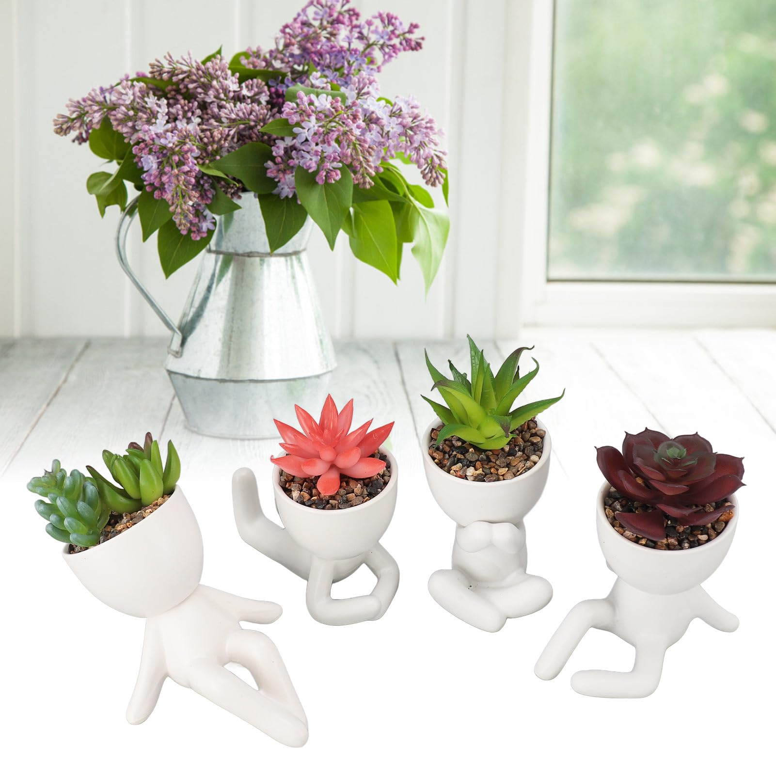 TOPINCN Set di 4 Piante Succulente Artificiali, Vasi Succulenti Finti in Ceramica con Disegni a Forma Umana per la Decorazione della Mensola del Soggiorno Dell'ufficio