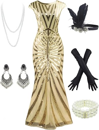 Women 1920S Gatsby Sequin Mermaid Formal Evening Dress with 20s Accessories Costume