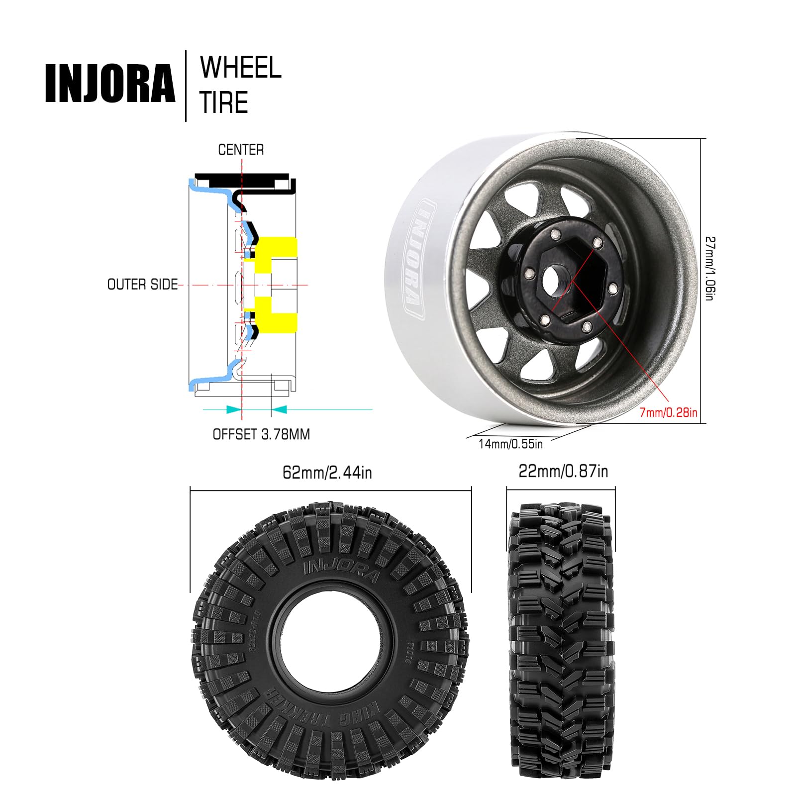 INJORA 1.0 Beadlock Cerchioni Ruote Pneumatici Set -3.78mm Offset Cerchioni Ruote per 1/18 1/24 RC Crawler Car Axial SCX24 FMS FCX24 FCX18 TRX4M, Grigio