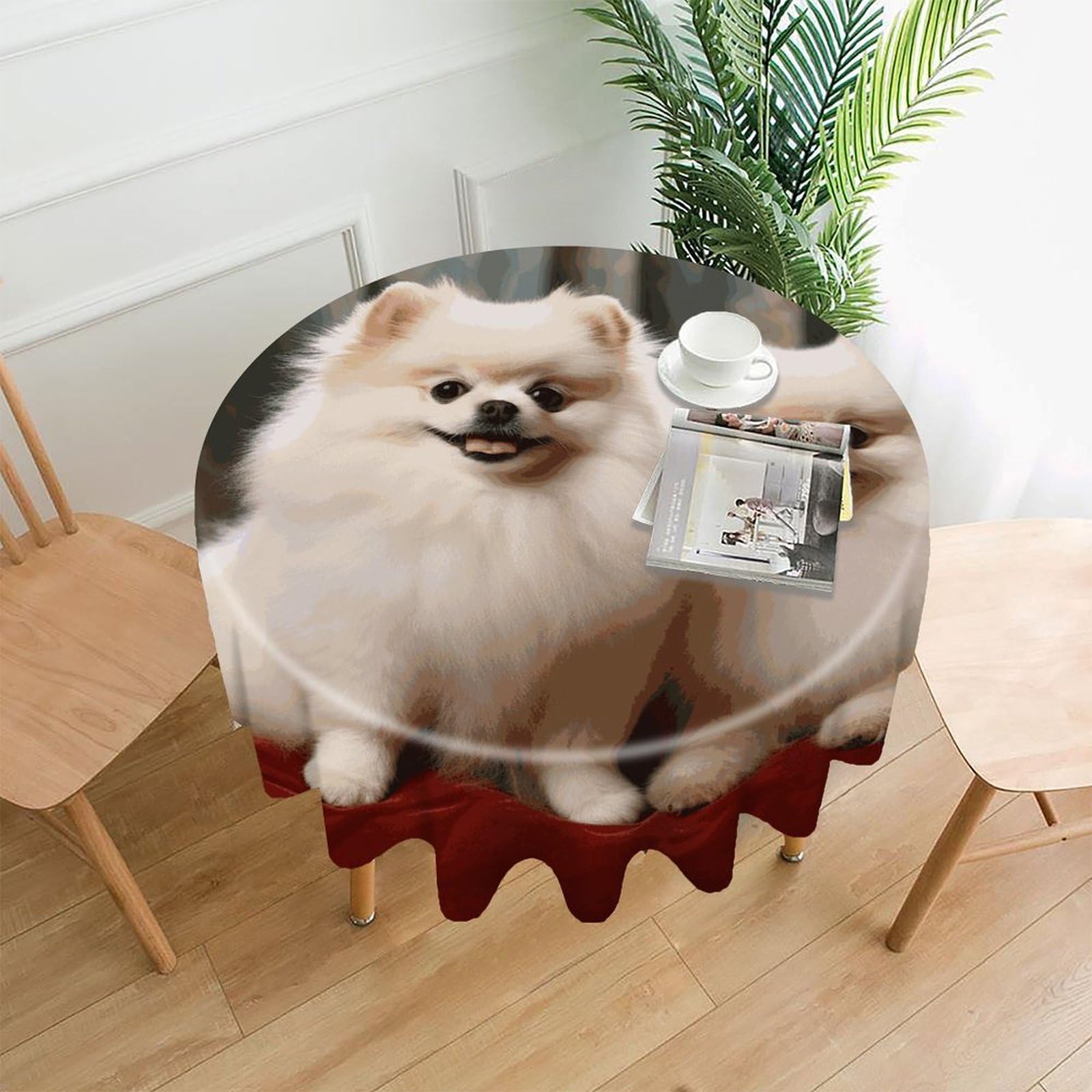 Short-haired Pomeranian Dog Tablecloth Exquisite Wrinkle-Free Straight-Edge Round Table Cloth Anti-Fading Premium Polyester Tablecloth Waterproof Folding Table Cloths for Tables Decor