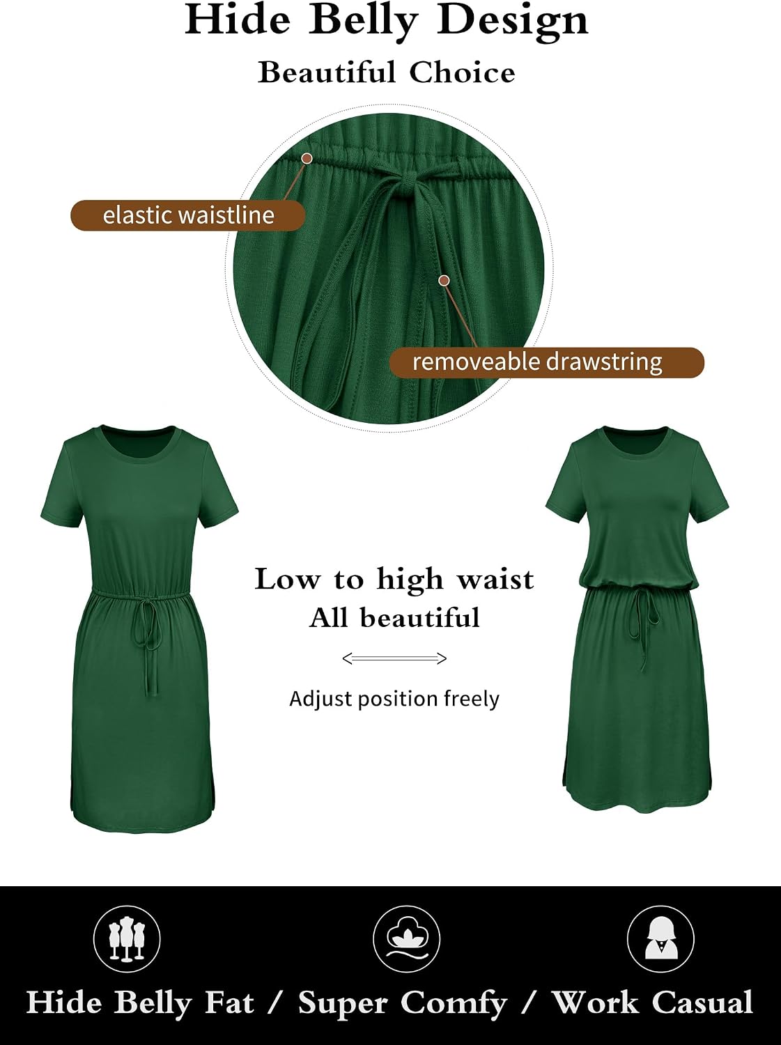 Simier Fariry Womens Summer Hide Belly Knee Length Travel Dress Pocket Short Sleeve Midi Work Casual Outfits image 5