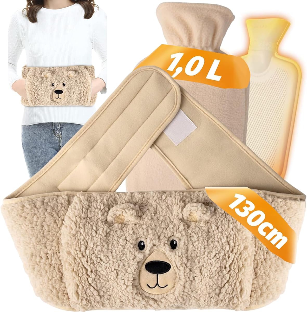 3-in-1 Wärmflaschengürtel mit 130cm Gürtel, 1L Naturkautschuk Wärmflasche, Auslaufsicher mit Deckel, Abnehmbarer Flauschiger Bezug für Periode,Nacken, Schultern,Rücken,Bauch, Taille & Beine