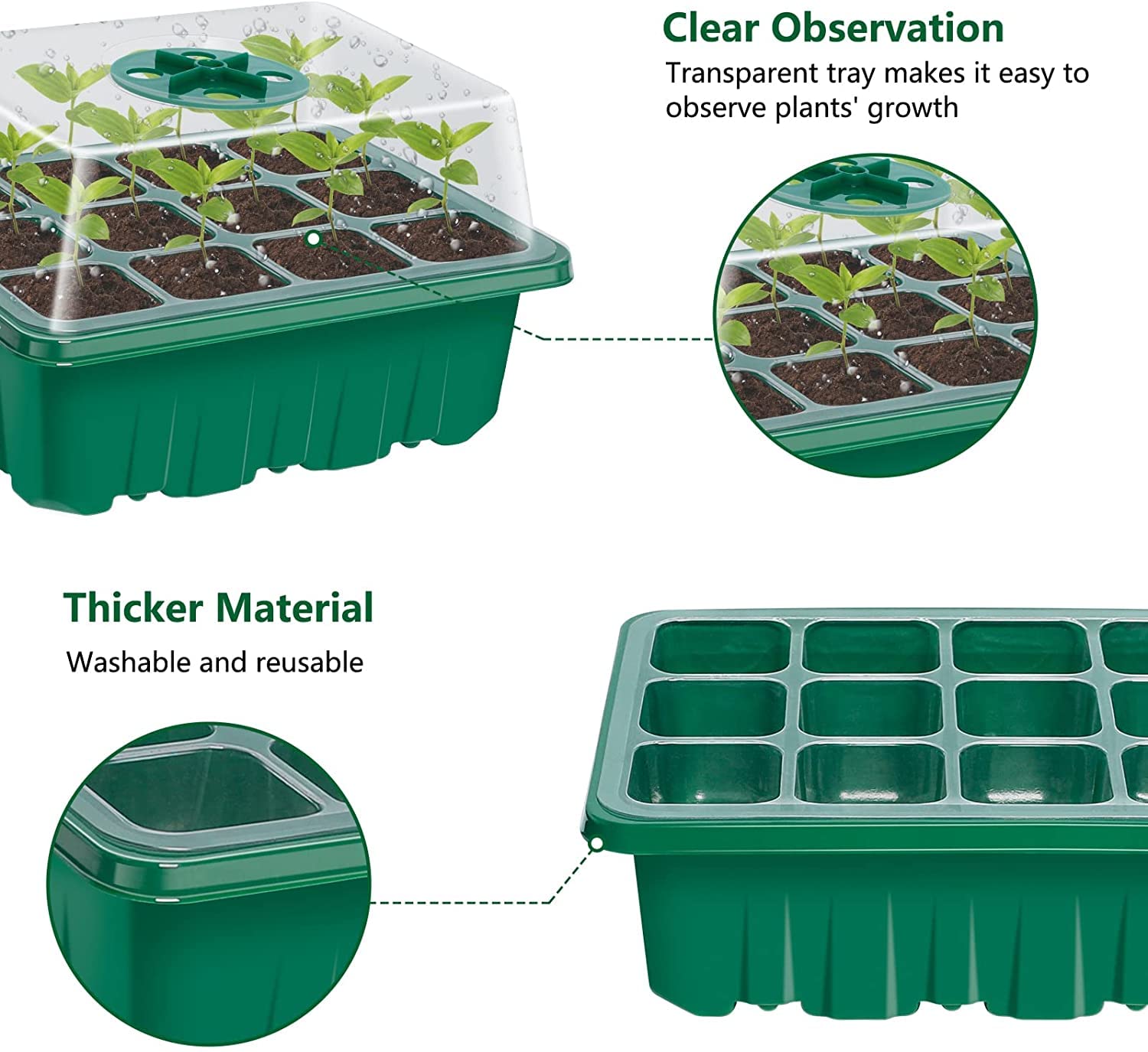 KAHEIGN 12Pcs Plateaux de Démarrage de Semences, 144 Cellules Plastique Très Résistant pour Propagation de Graines avec Dôme De Ventilation Et Socle, 20 étiquettes De Plantes, 2 Semis Outils