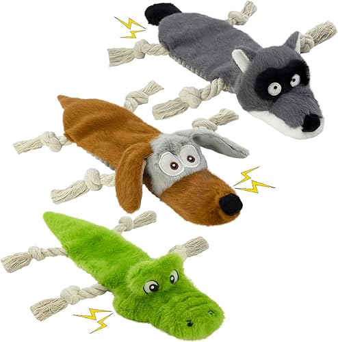 Juguetes chirriantes para perros sin relleno, paquete de 3 juguetes de cuerda para dentición, juguetes de peluche arrugados para mantenerlos