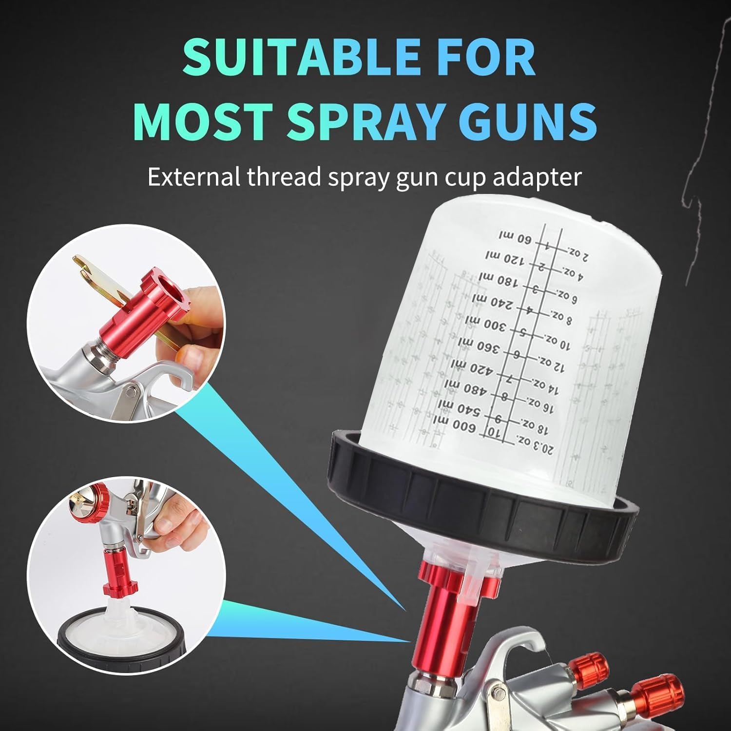 600ml Spritzpistolenbecher Set, Messbecher für lackierpistole, mit 50 Deckeln und 50 Einlagen, 20 Stopfen, 2 Adapter, 1 Hartbecher und Haltering