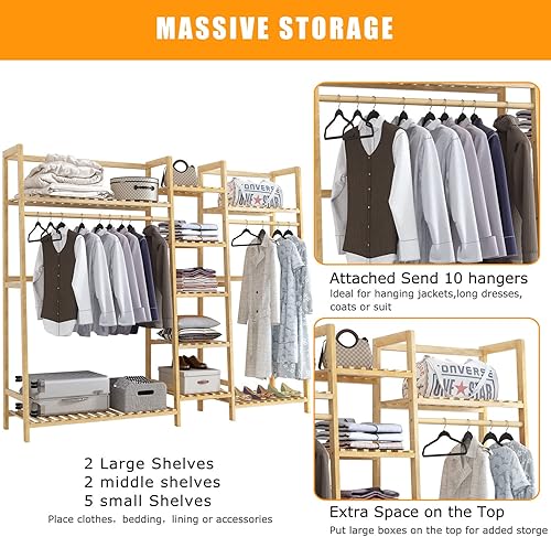 Miniatura 5 de Mostmahes Perchero de ropa de madera maciza fuerte, perchero colgante de doble barra resistente, estante de ropa multifuncional independiente con 10