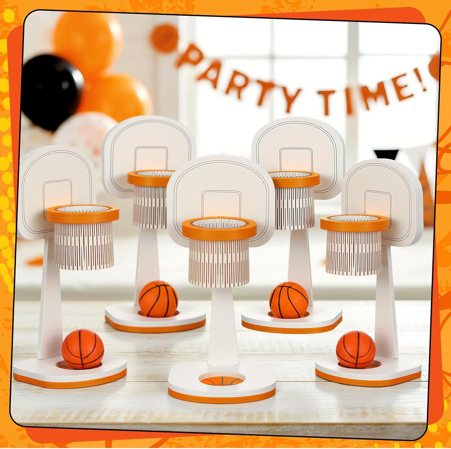 6 Pcs Basketball Party Table Decorations Sports Cake Topper Mini Wooden Basketball Hoop Centerpieces with Mini Ball for Birthday Baby Shower Party Supplies