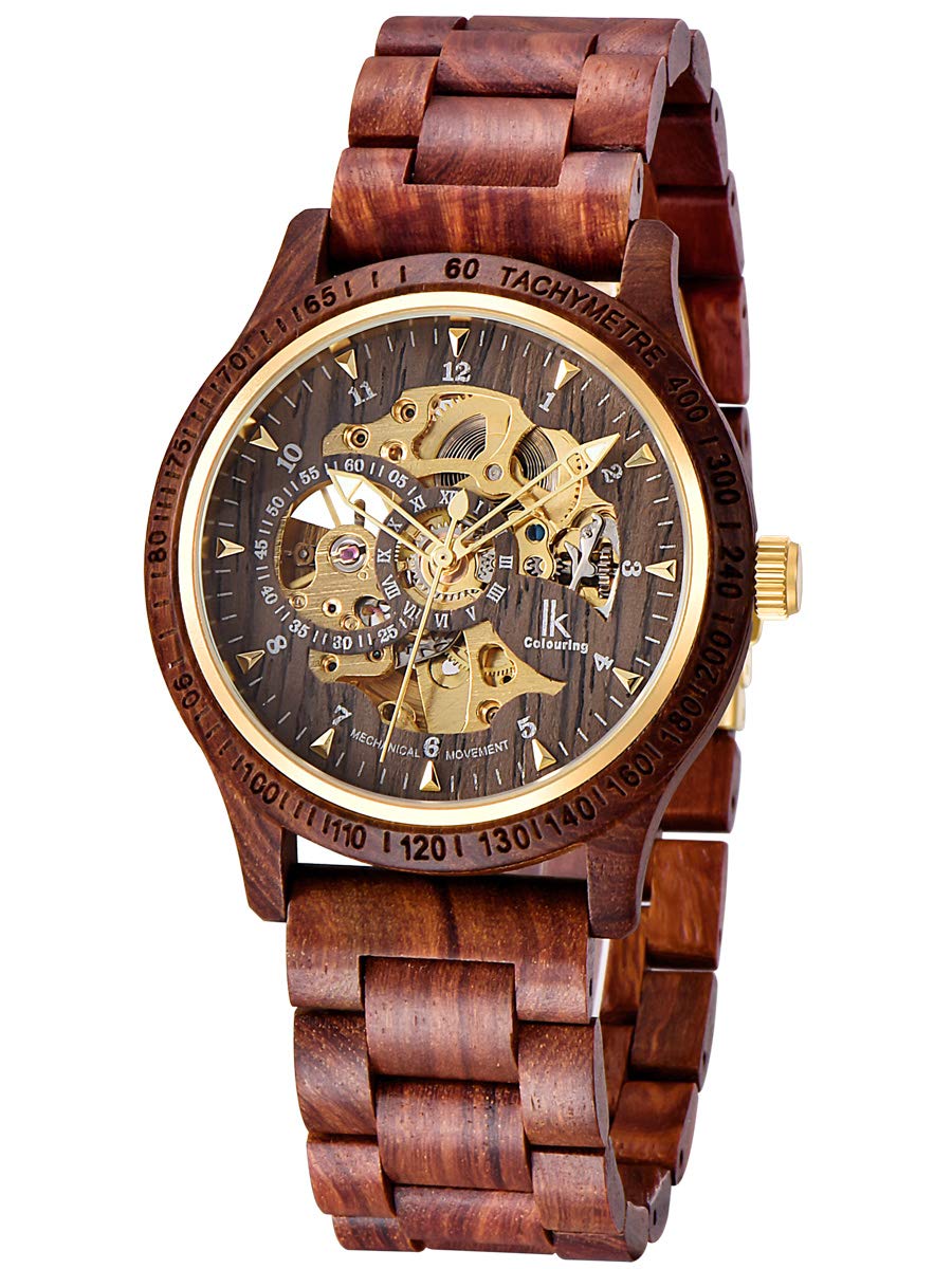 Alienwork IK Wood Automatikuhr Armbanduhr Herren Damen Natur-Holz Glasboden