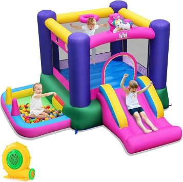 BOUNTECH Inflatable Bounce House with Ball Pit, Bouncy House for Kids Indoor Outdoor w/Basketball Hoop, 370w Blower, Mini Bounce House with Slide for Boys Girls Backyard Birthday Party Gifts