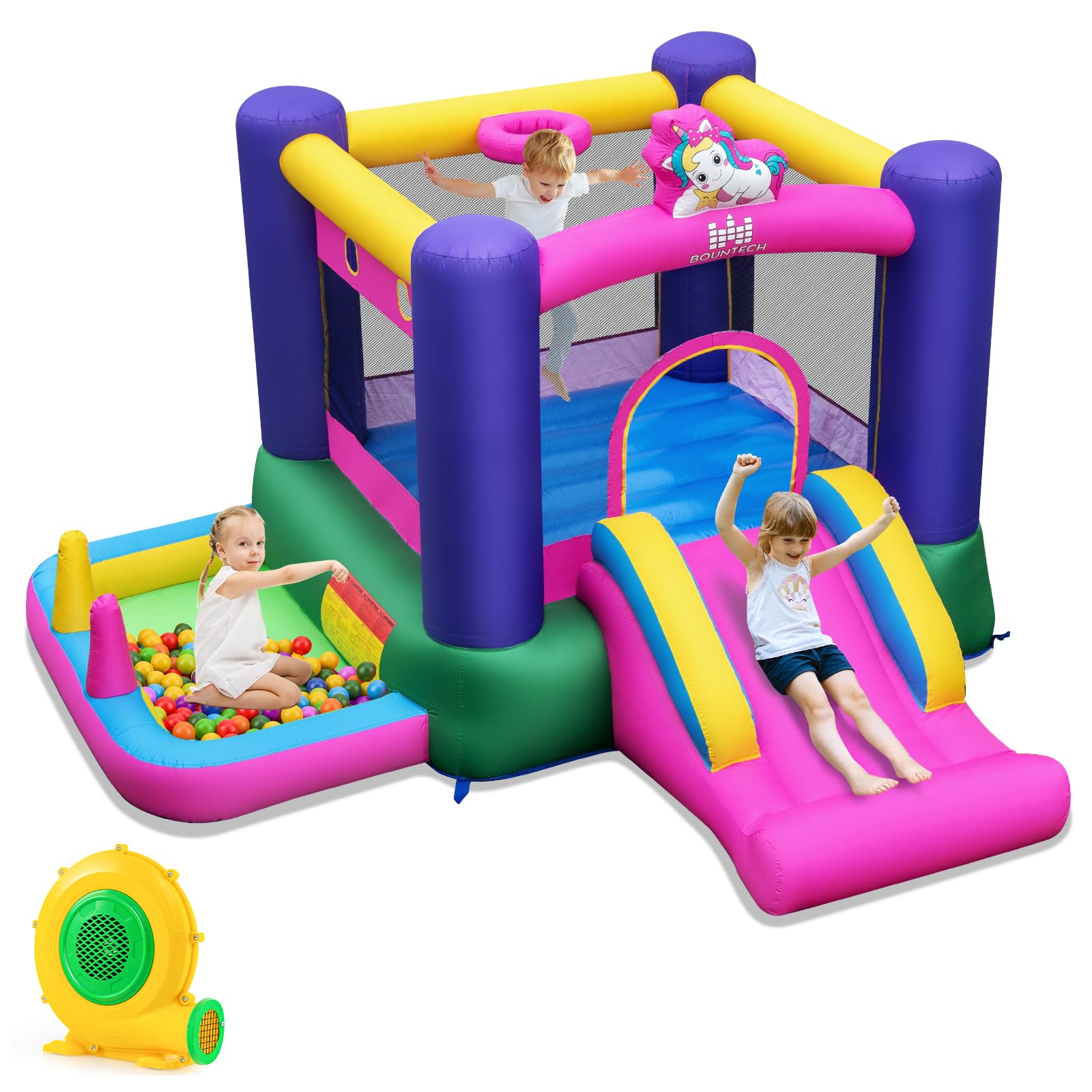 BOUNTECH Inflatable Bounce House with Ball Pit, Bouncy House for Kids Indoor Outdoor w/Basketball Hoop, 370w Blower, Mini Bounce House with Slide for Boys Girls Backyard Birthday Party Gifts