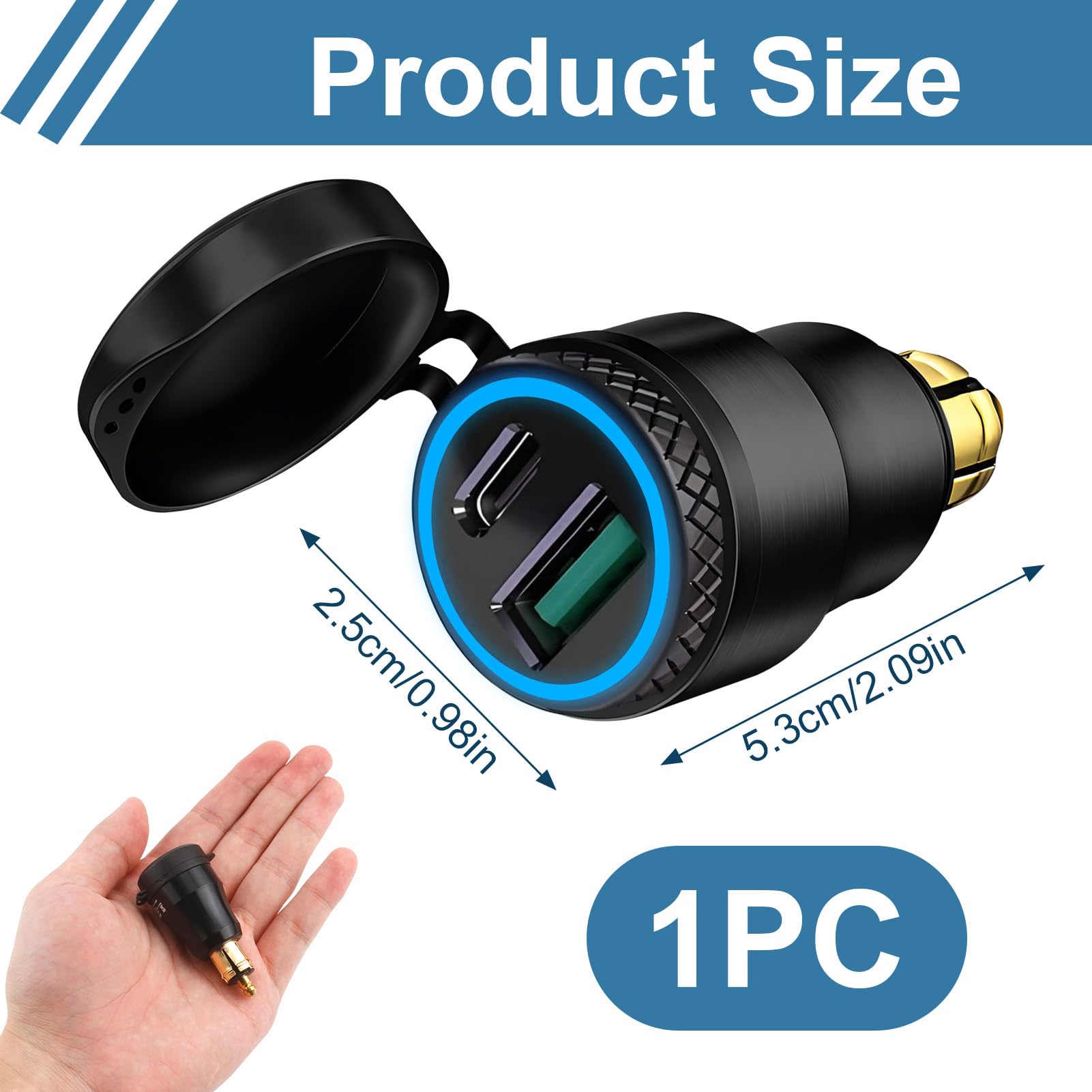 Cargador de aluminio DIN Plug to USB C 30W 5A QC 3.0 Enchufe USB DIN Cargador rápido para motocicleta impermeable Adaptador con LED azul para BMW Triumph Ducati Tiger Style Europ DIN Hella Socket