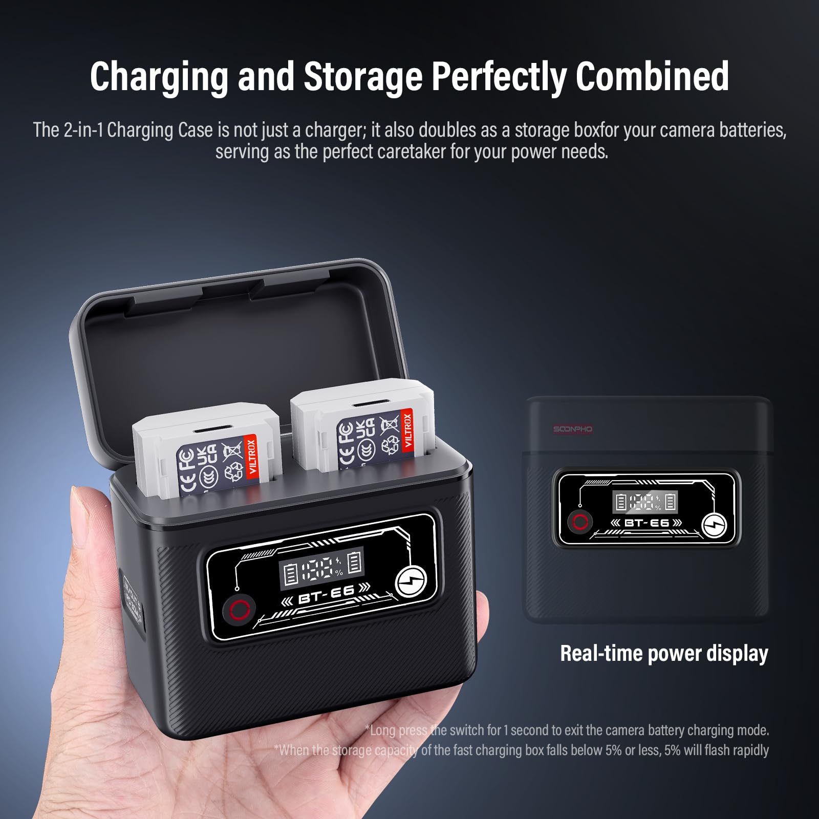 Soonpho BT-E6 Mobile Boîtier de Chargement de Batterie pour Canon LP-E6 Camera Battery Charging Case pour Canon 5D Markll 5DS 5DSR 6DMarkll 6D 7DMarkll 7D EOS60D 60DA 70D 80D 90D EOS-R EOS R5 R6
