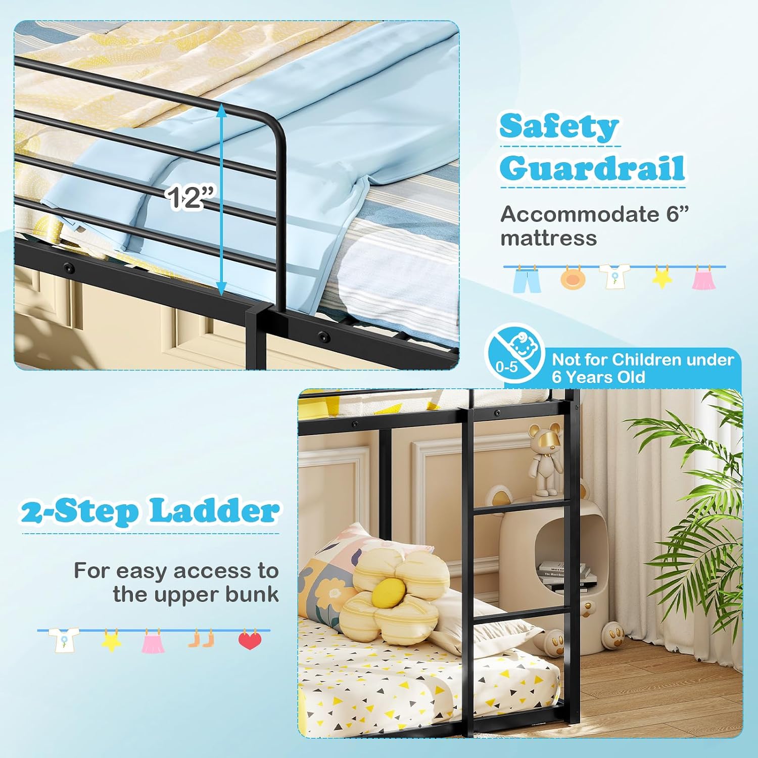 KOTEK Twin Over Twin House Bunk Bed with Slide, Floor Metal Bunk Bed Frame with Safety Guardrail & Roof, Low Bunkbeds for Kids, No Box Spring Needed