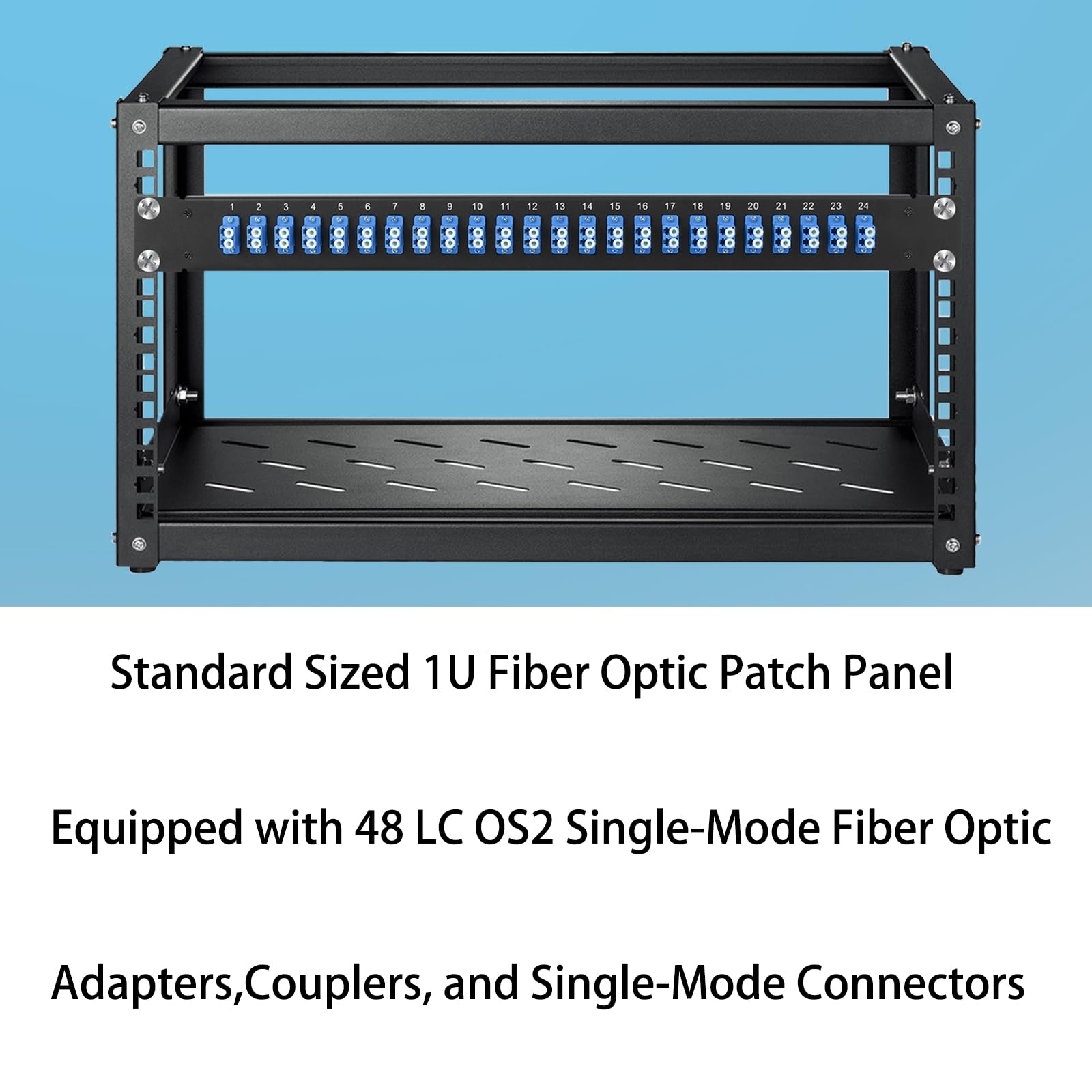 Panneau de brassage en fibre optique 1U avec 48 adaptateurs de fibre optique monomode LC OS2 connecteurs monomode pour racks standard de 48,3 cm, 1 pièce