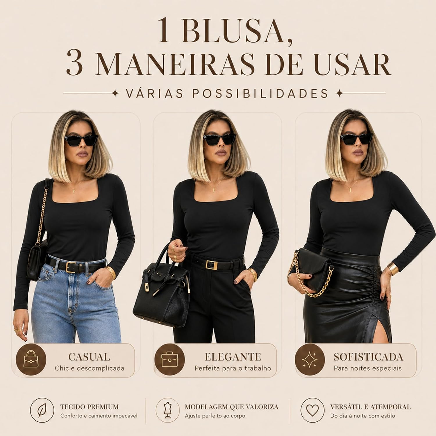 Blusa Feminina Manga Longa Decote Quadrado Casual Básica