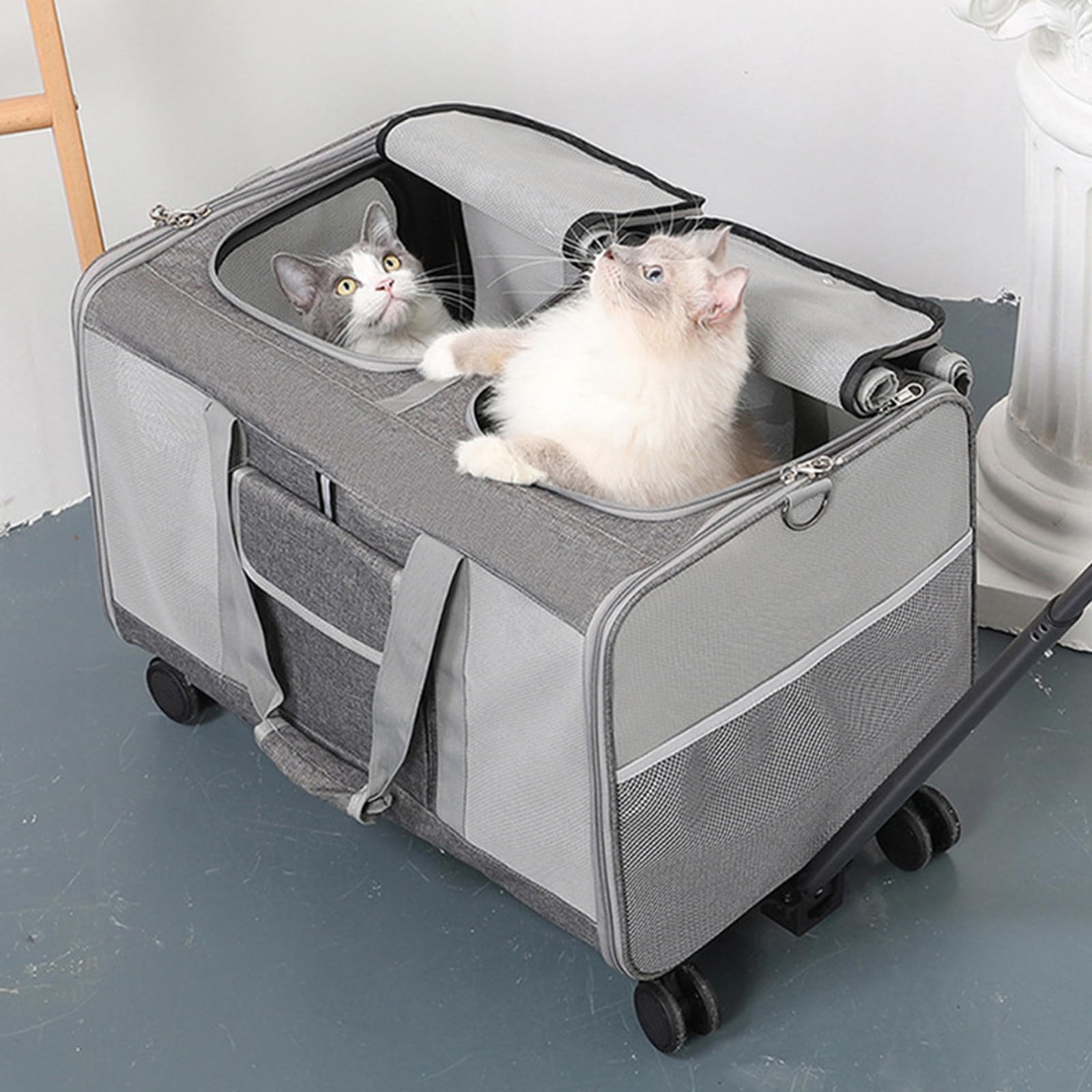 Transportin Doble para 2 Gatos con Ruedas Desmontables para Gatos Y Perros, Diseño Súper Ventilado, Ideal para Viajar, Caminar, Acampar