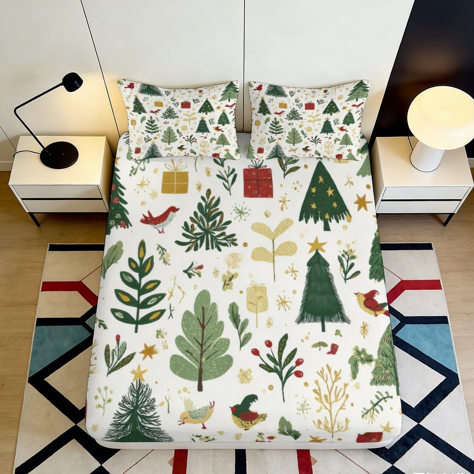 3D Printed Christmas Tree Fitted Sheet Microfiber Soft Festive Birds Mattress Cover for Bedroom Dorm Easy Care 90x200x25cm