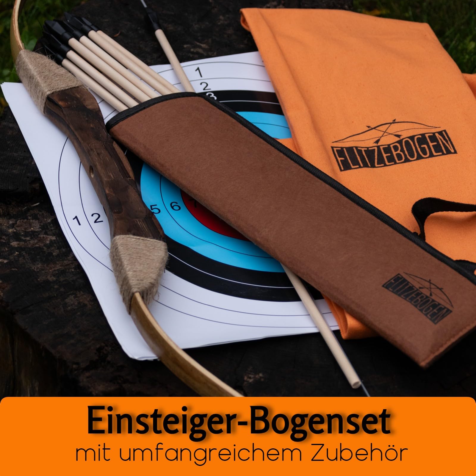 FLITZEBOGEN Pfeil und Bogen Kinder Set | 10 Pfeile mit Gummispitze, Köcher | Zielscheiben, Tasche | Bogenschießen Kinder Spielzeug ab 5 Jahren | Kinderbogen aus Holz | Rechts- und Linkshänder