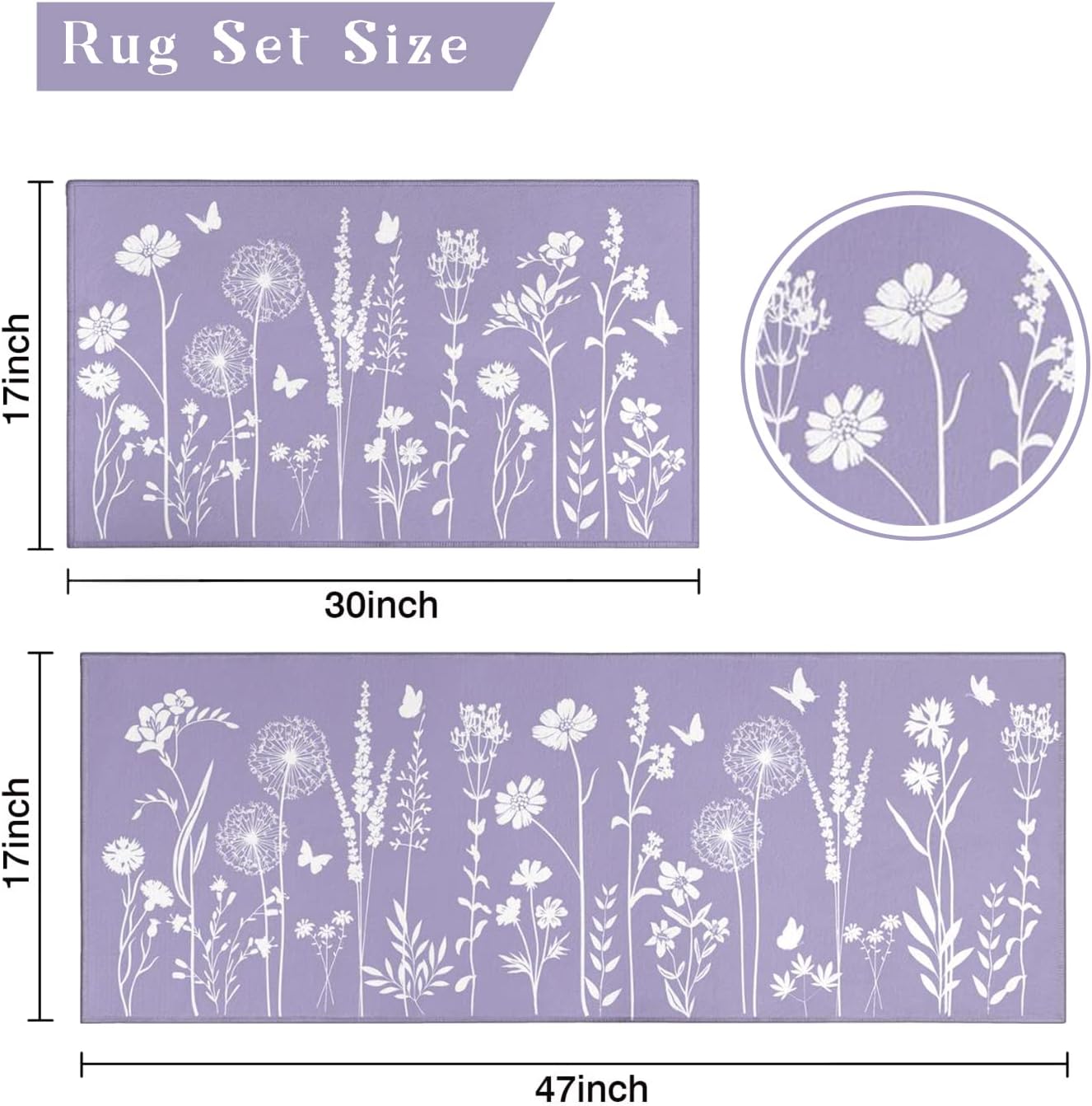 Lavender Purple Kitchen Rug Set of 2- Purple Butterfly Plant Floral Rug Floor Mats Area Rug Carpet Kitchen Decor Accessories Things- Leaves Flower Rugs for Home Kitchen Large- 17x30 and 17x47 Inch