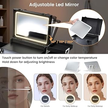 Makeup Case on Wheels with Drawers Beauty Trolley with Lighted Mirror Make Up Rolling Case Hairdressing Trolley on Wheels Lockable with Detachable LED Mirror, Black
