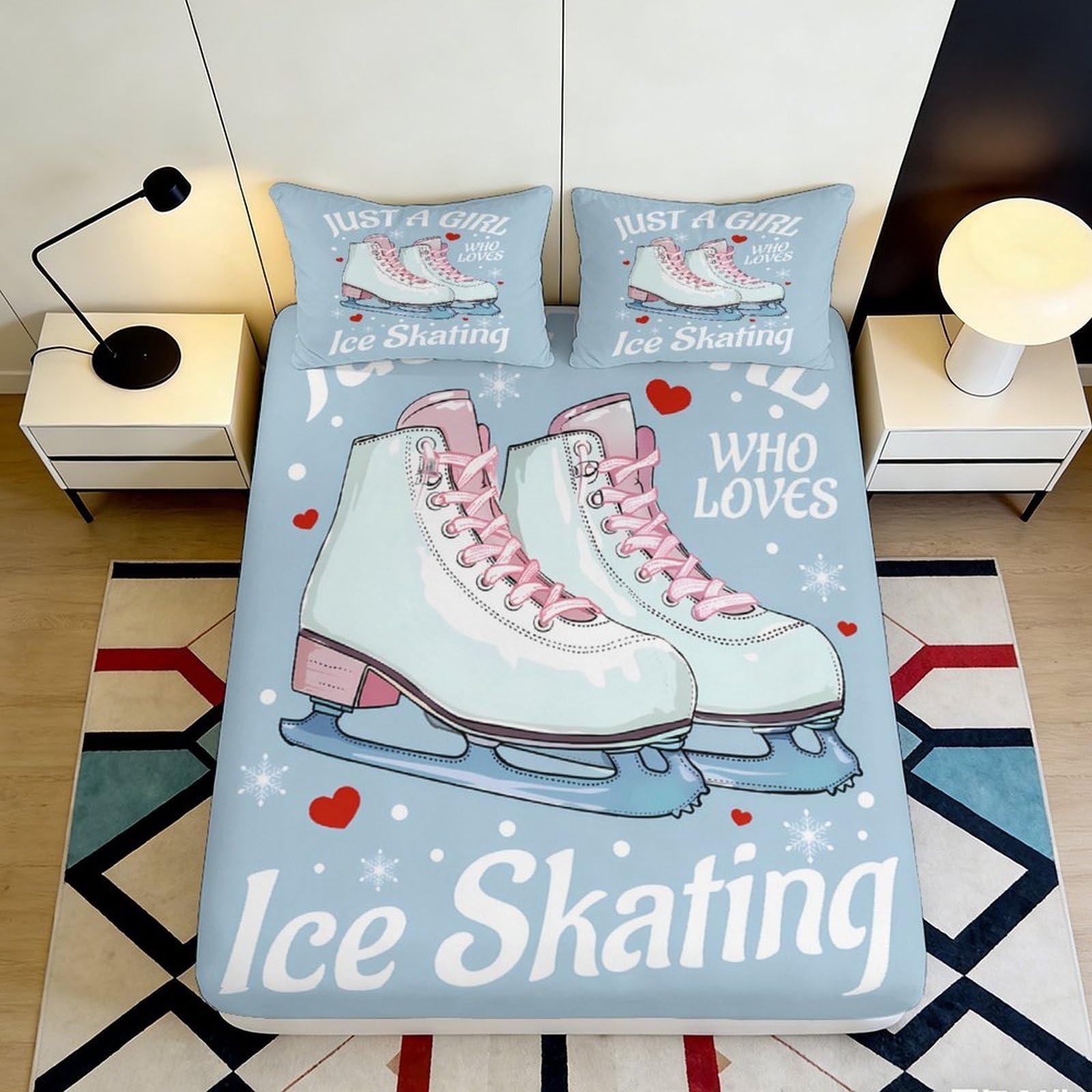 3D Printed Ice Skating Fitted Sheet Microfiber Deep Pocket Non-Slip Bedroom Bedding Ice Skate Mattress Fitted Cover Washable for Adults Teens 140x200x25cm