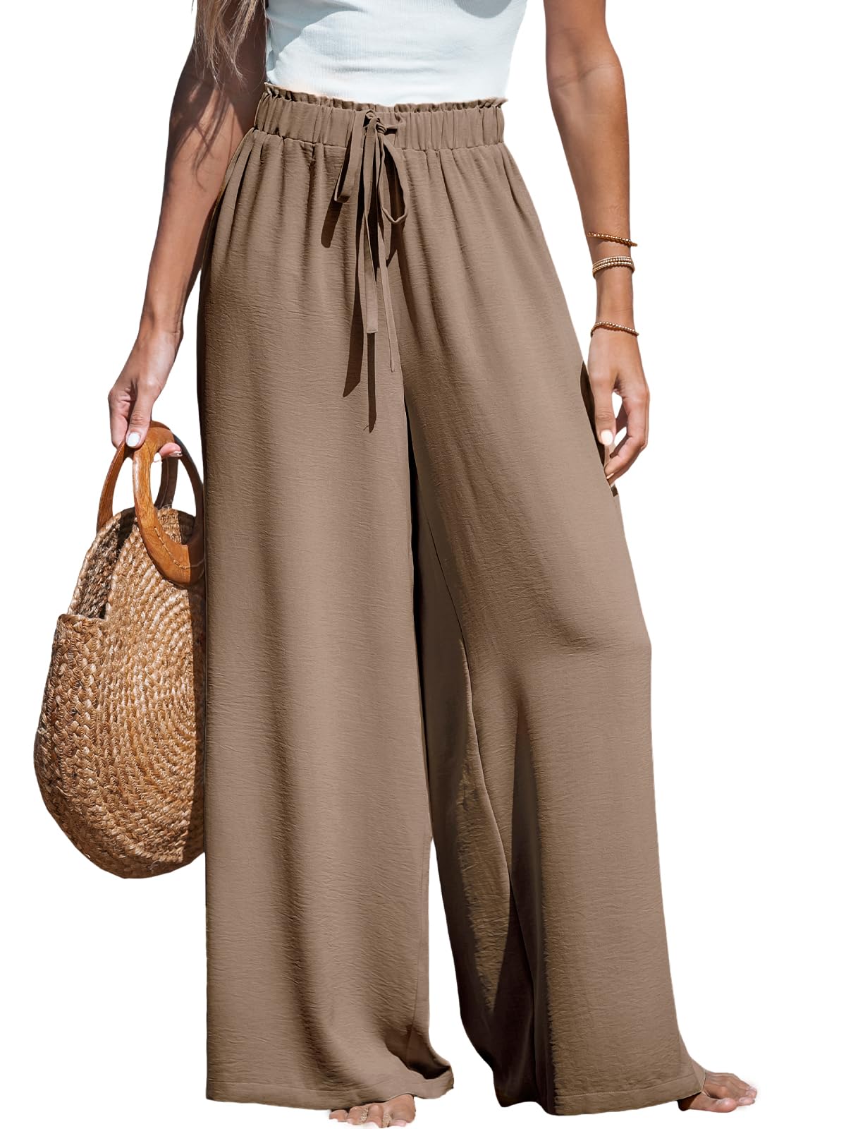 CUPSHE Damen Leichte Weite Hose, High Waist mit Kordelzug und Gummibund, Ganzjahrestaugliche Lange Hose