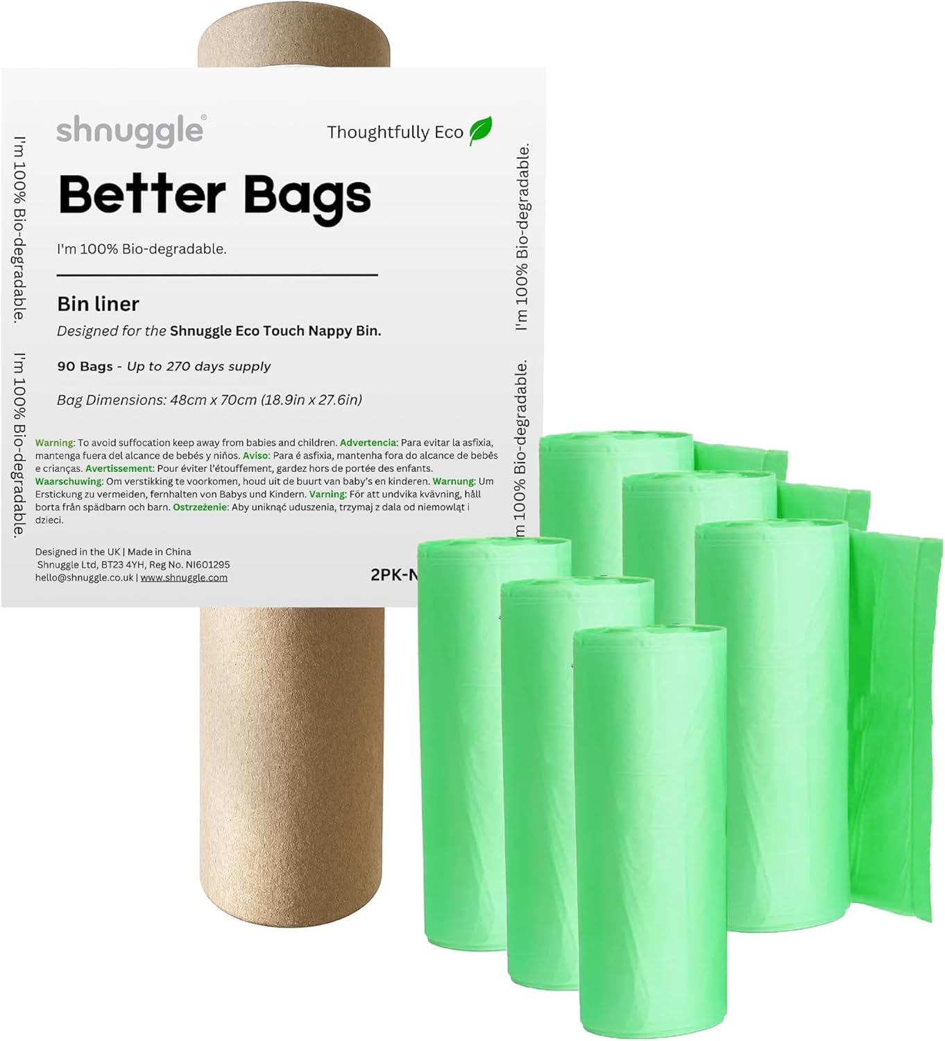 Shnuggle Better Bag Diaper Pail Liners - 90 Count (6 Packs of 15) - Plant-Based Refill Bags - Compatible with Shnuggle Eco-Touch Pail