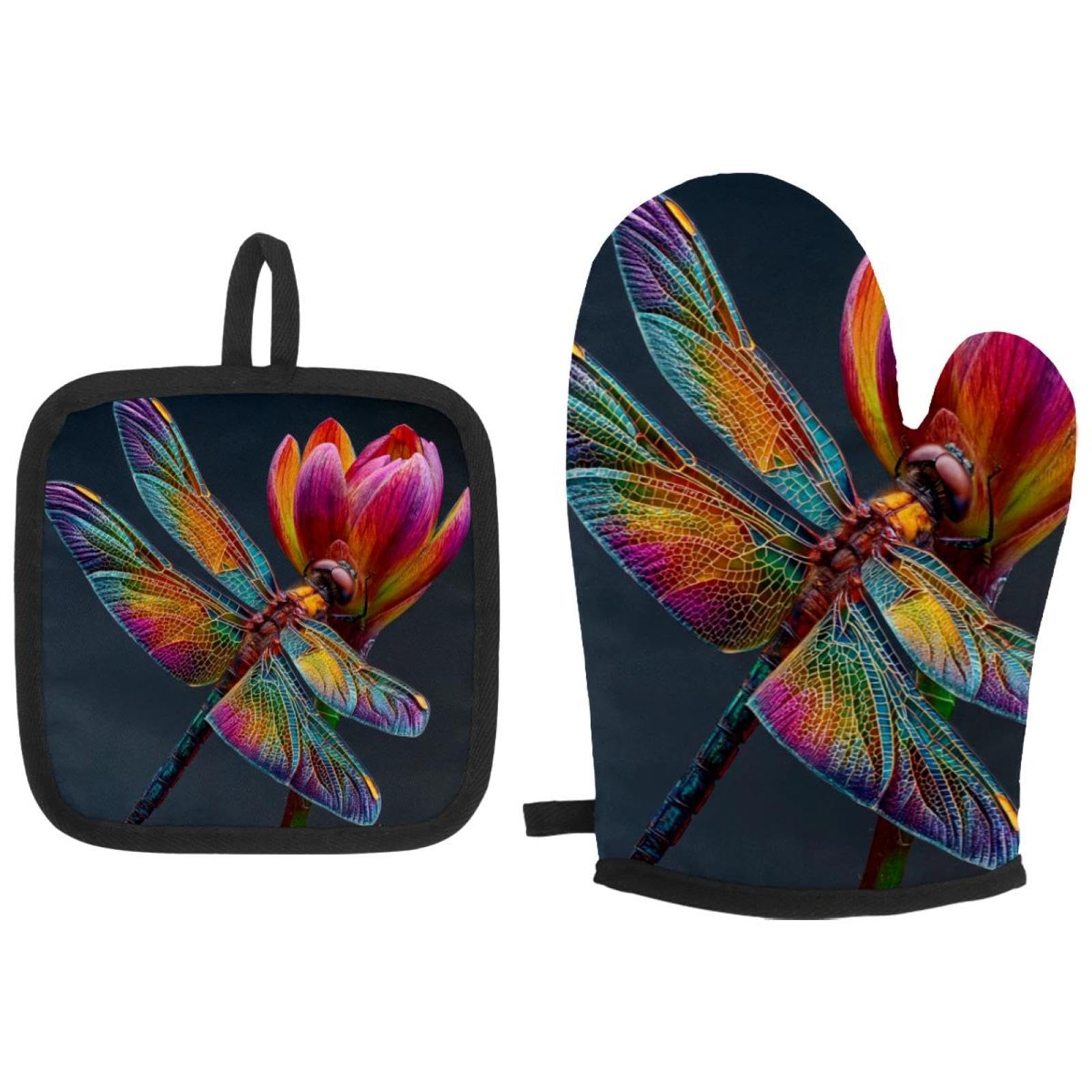 Manique et gant de cuisine libellule lavable lot de 2 accessoires de cuisson résistants chaleur