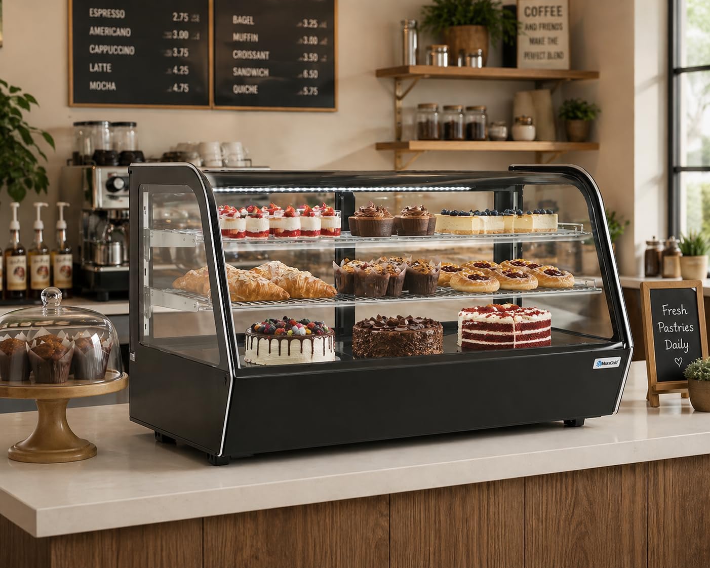 48-Inch Black Refrigerated Countertop Bakery Display Case with LED Lighting, 5.54 Cu. Ft, 2 Glass Sliding Doors, Digital Controls, 36-43°F Temperature Range