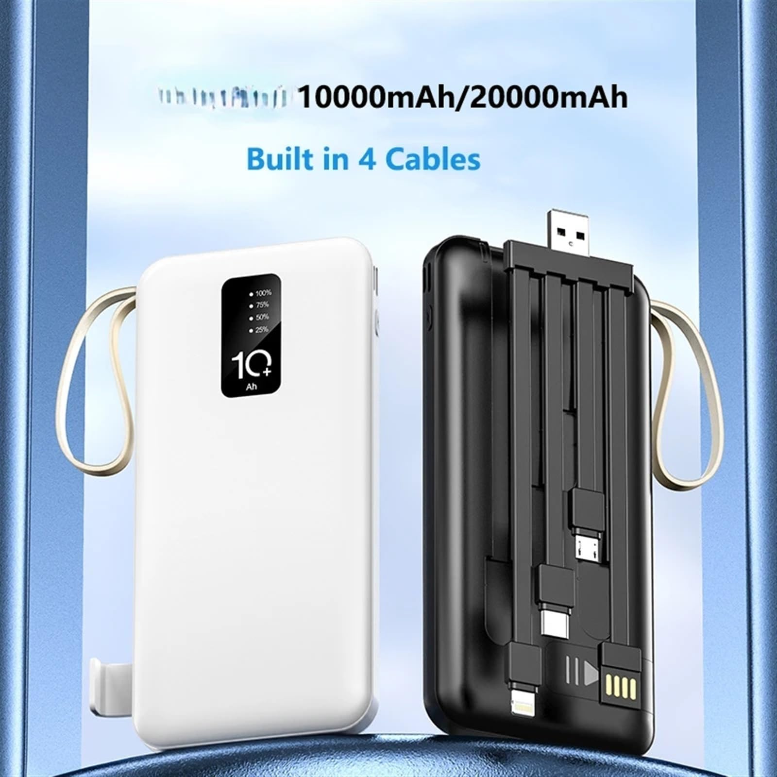 Slim Power Bank 20000 MAh Przenośna Zewnętrzna Ładowarka Do Baterii 10000 MAh Powerbank Wbudowany Kabel (Size : White20000mAh)