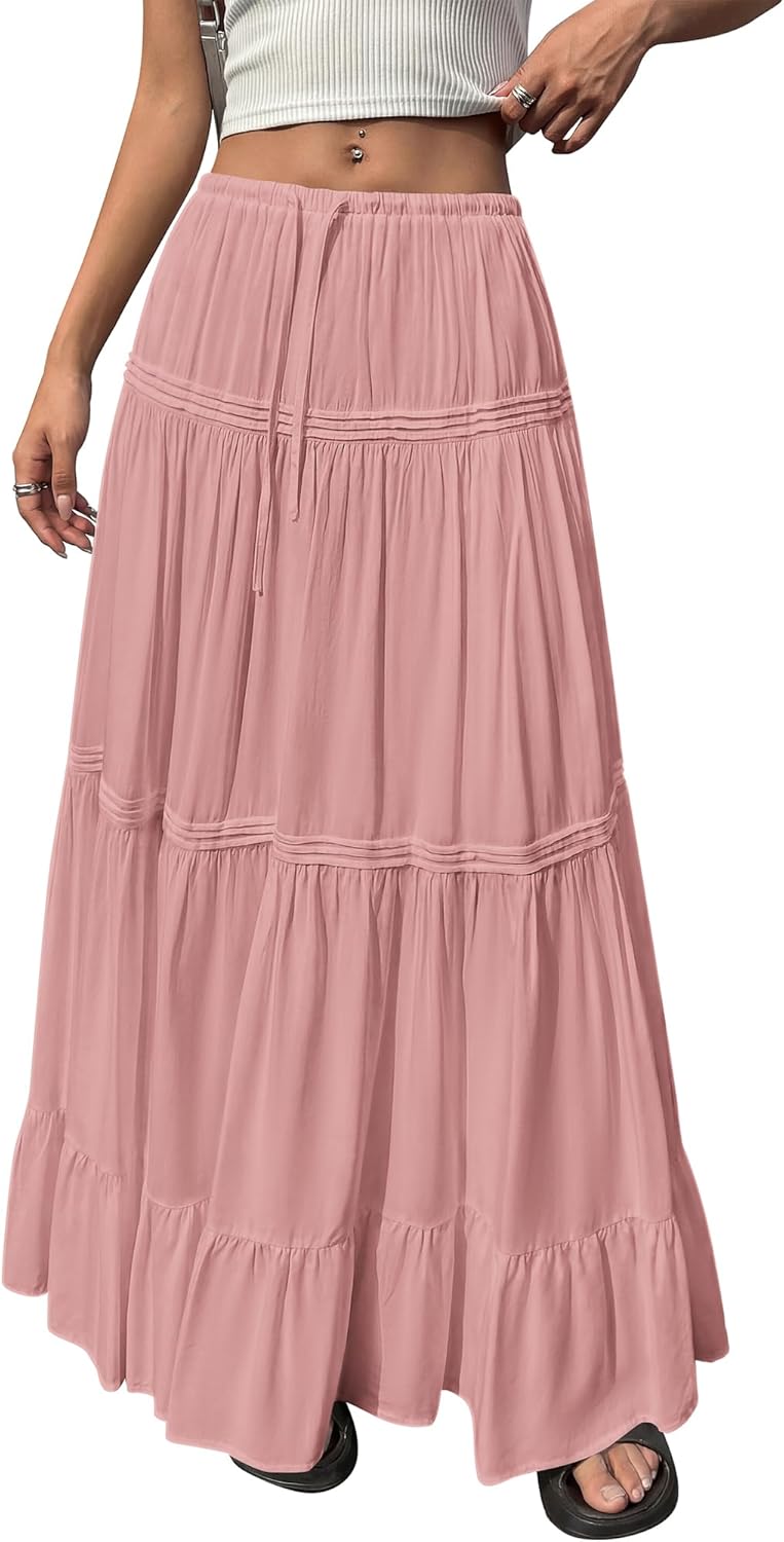 BTFBM Spring Skirts for Women 2026 Summer Boho Beach Vacation Clothes Casual Pleated High Waisted Flowy Maxi Skirt - Image 3